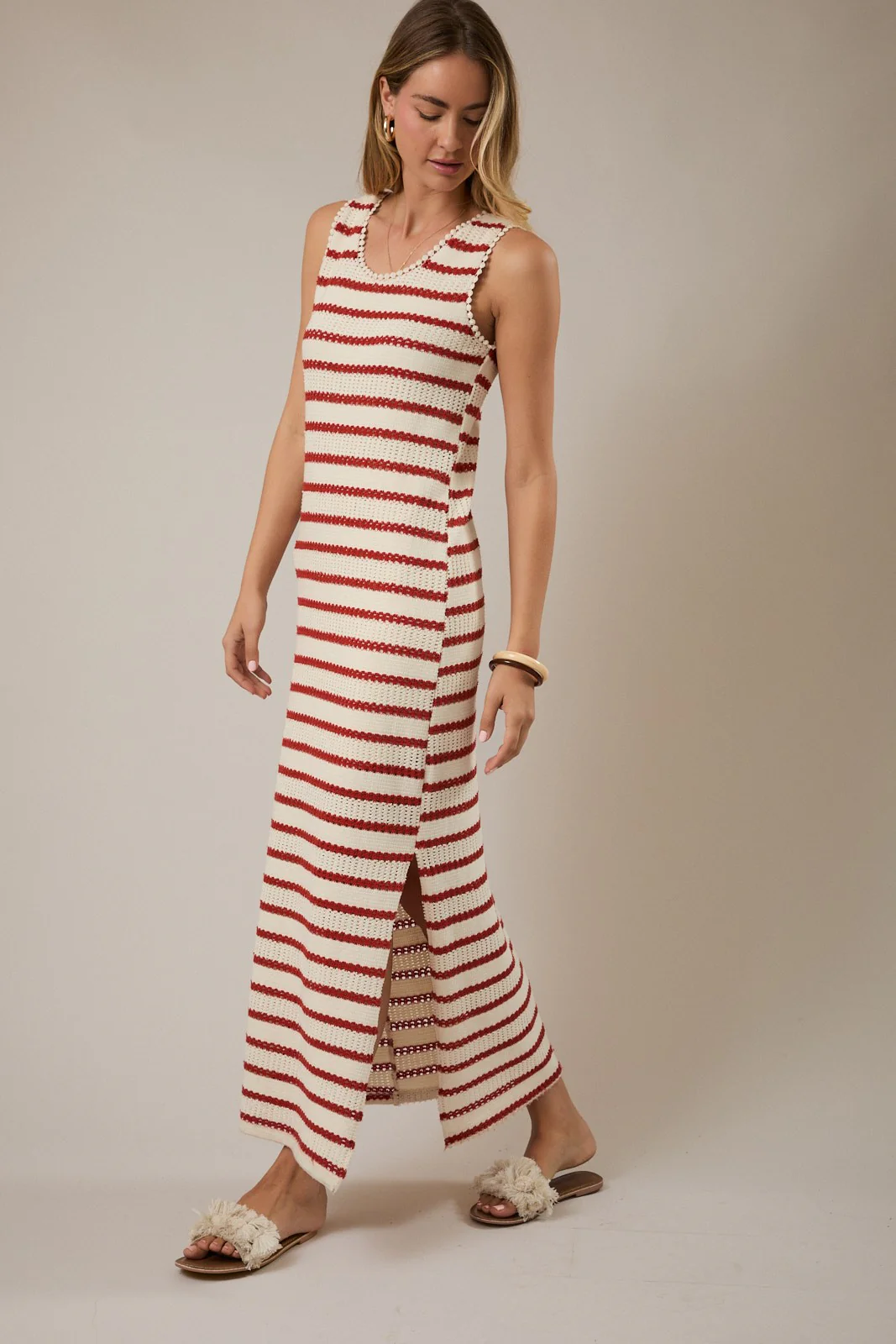 Cream Striped Crochet Knit Sleeveless Maternity Maxi Dress - Image 4