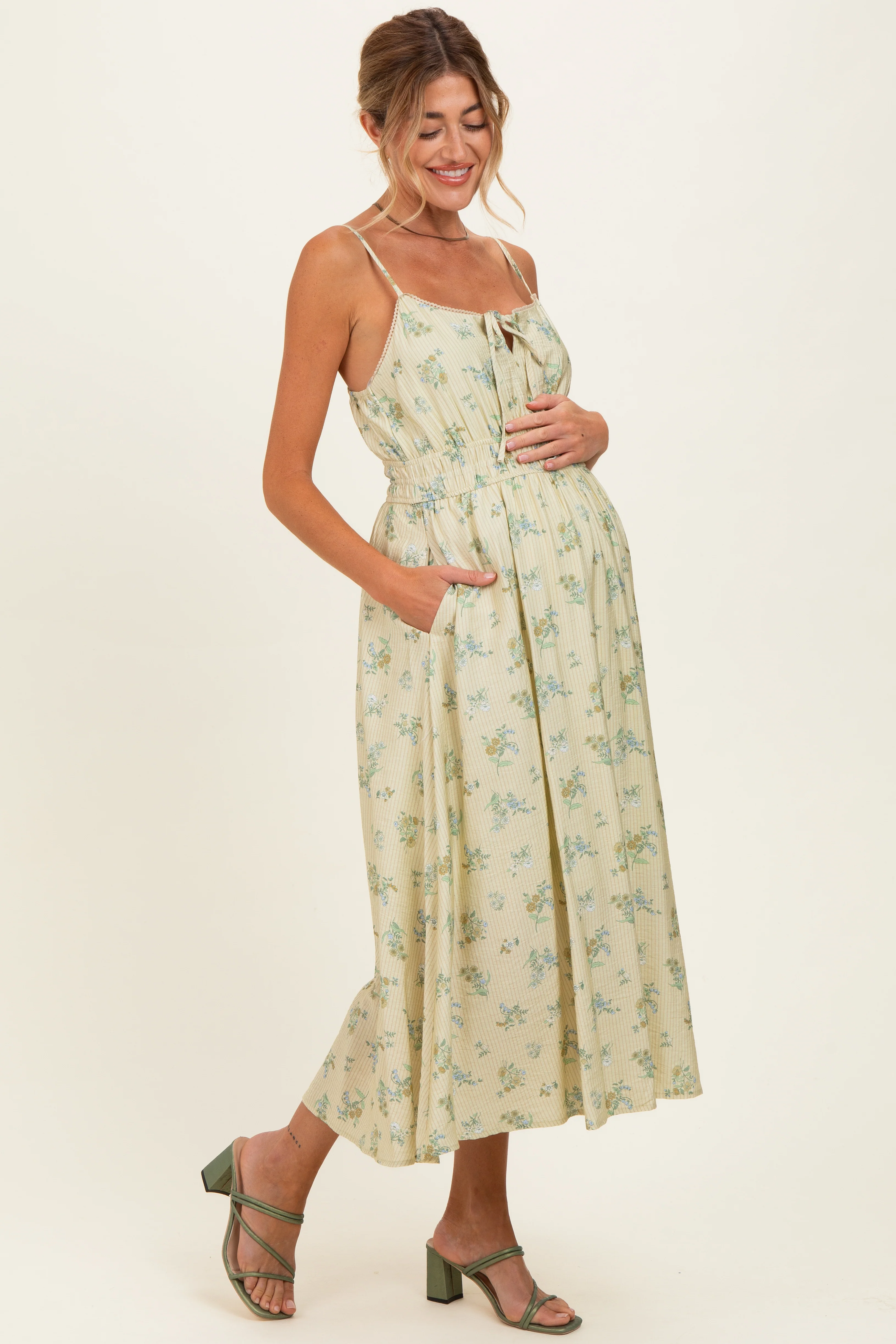 Cream Striped Floral Smocked Waist Maternity Midi Dress - Image 3