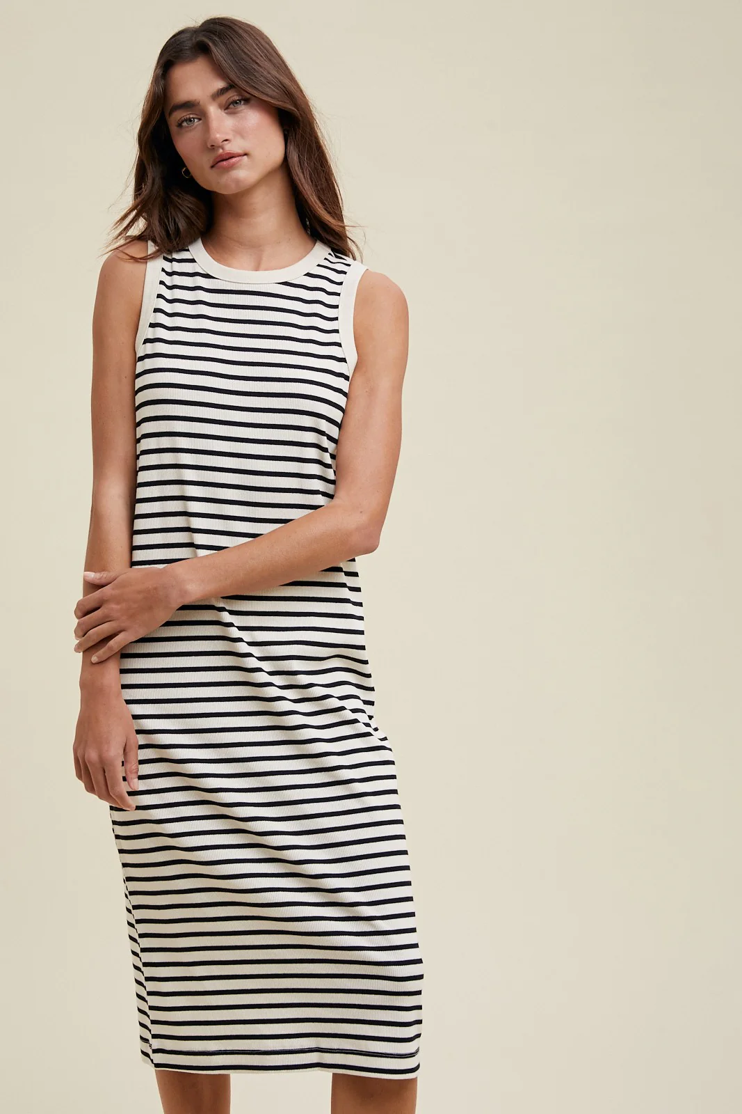 Cream Striped Ribbed Knit Sleeveless Midi Dress - Image 2