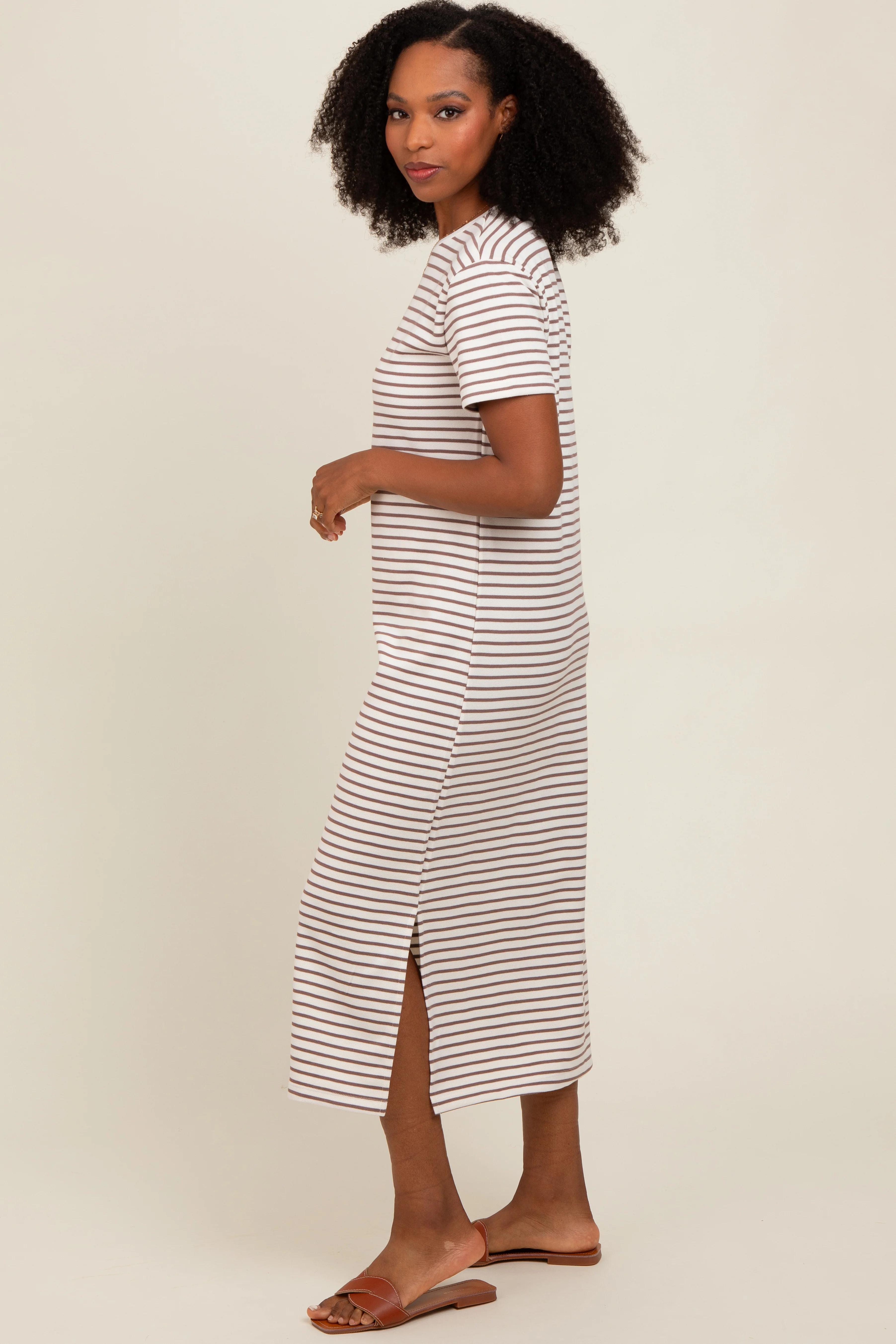 Cream Striped Short Sleeve T-Shirt Midi Dress - Image 3