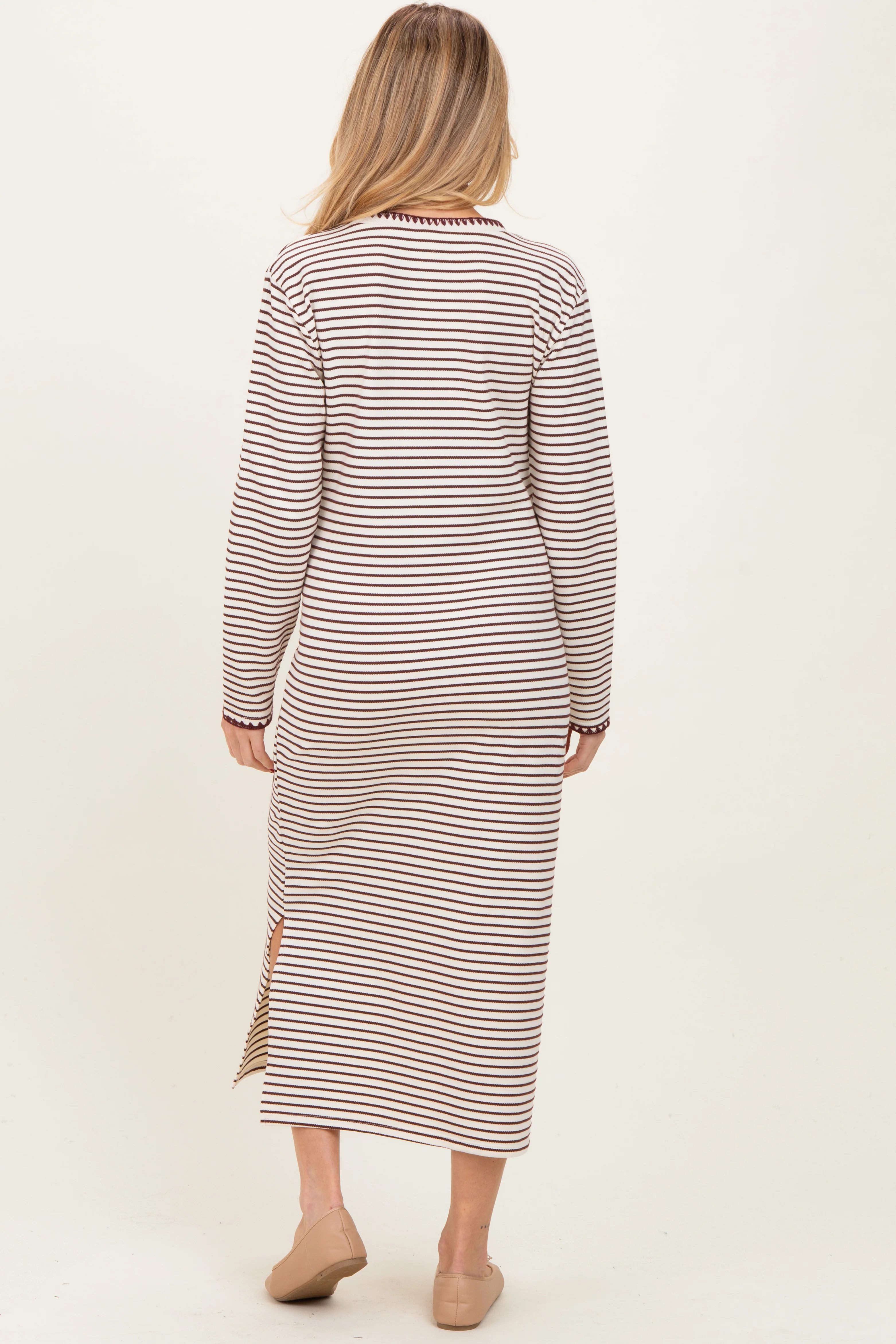 Cream Striped Stitch Detail Long Sleeve Maternity Midi Dress - Image 3