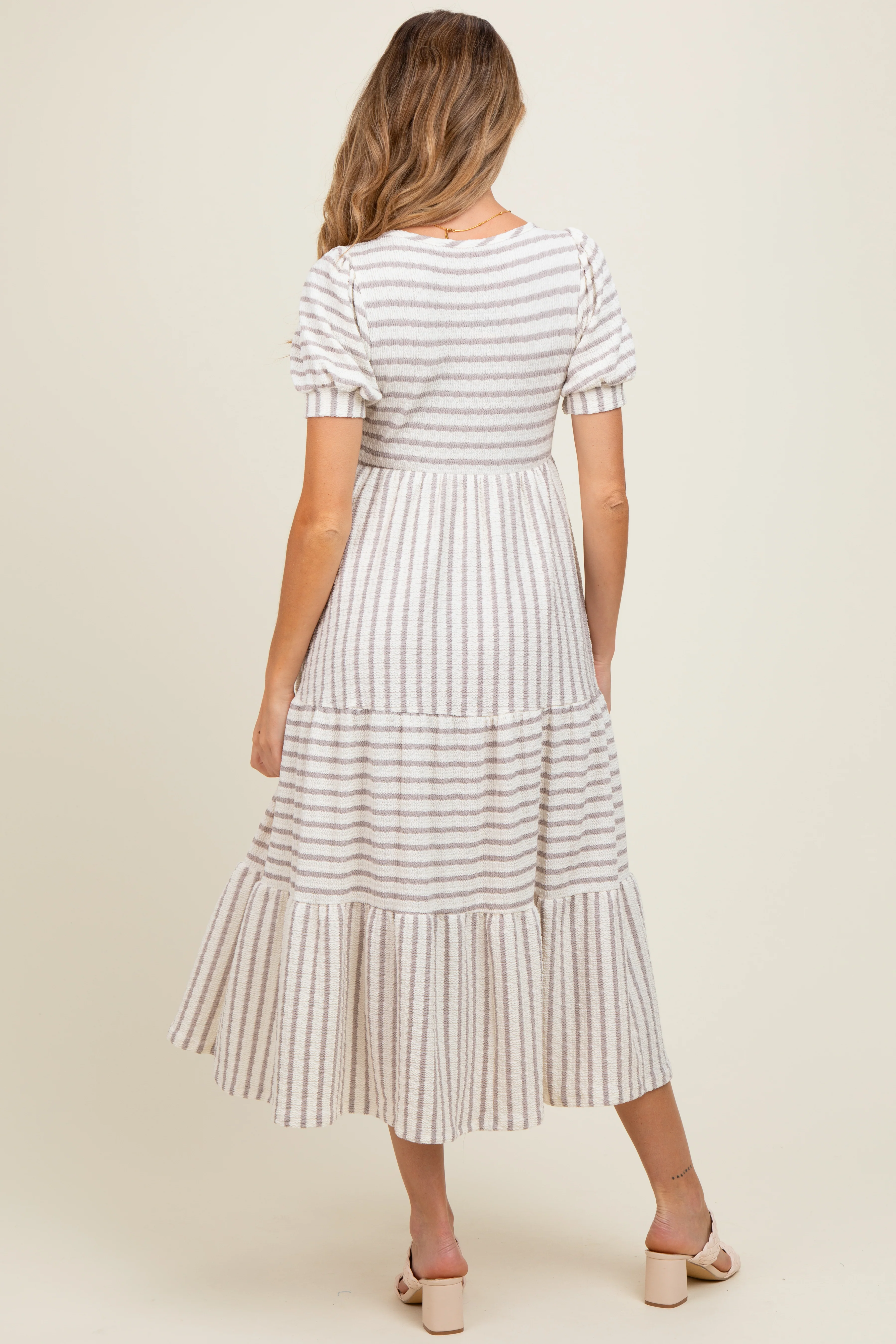 Cream/Taupe Striped Short Sleeve Tiered Maternity Maxi Dress - Image 3