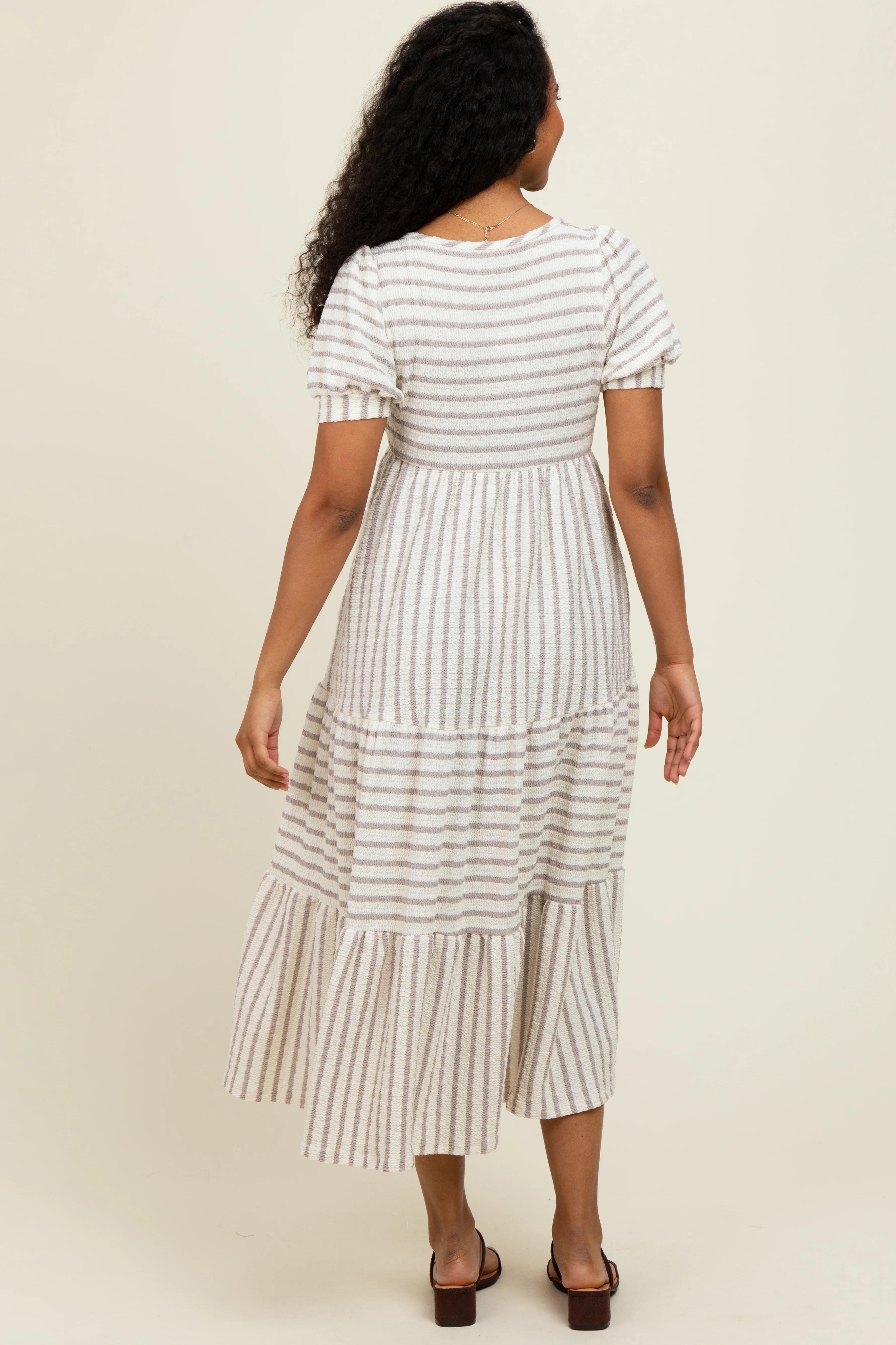 Cream/Taupe Striped Short Sleeve Tiered Maxi Dress - Image 4