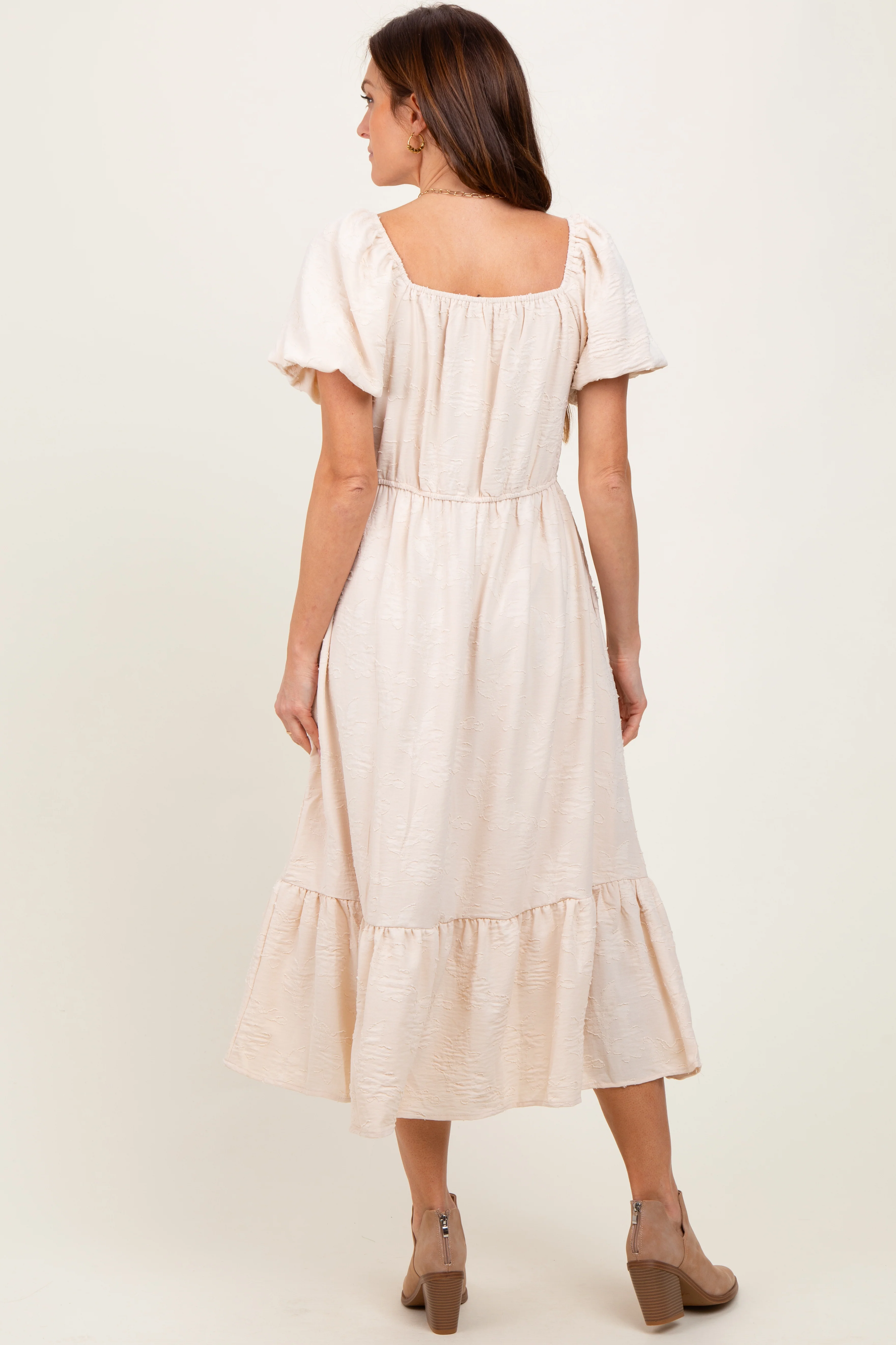 Cream Textured Square Neck Puff Sleeve Midi Dress - Image 4