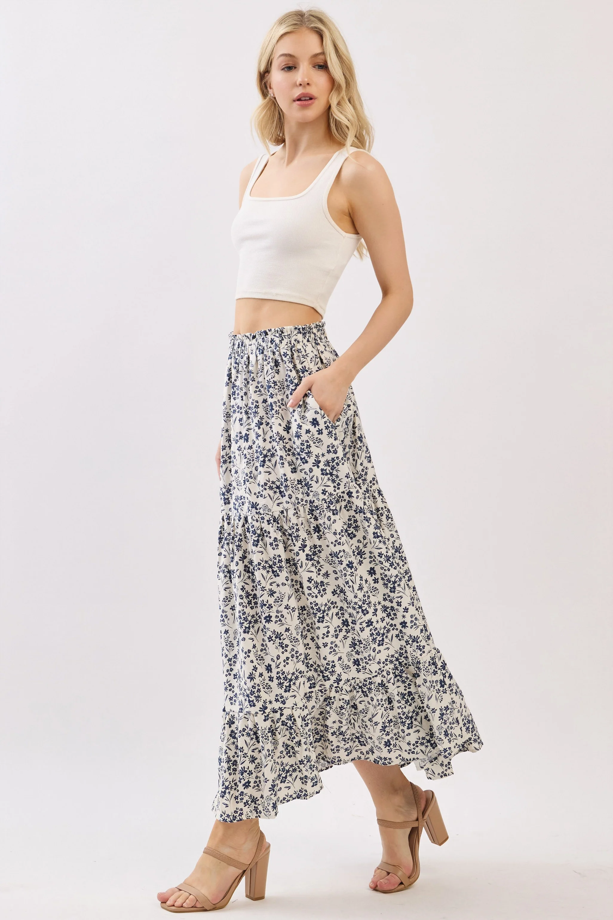 Cream Tiered Floral Print Maxi Skirt - Image 3