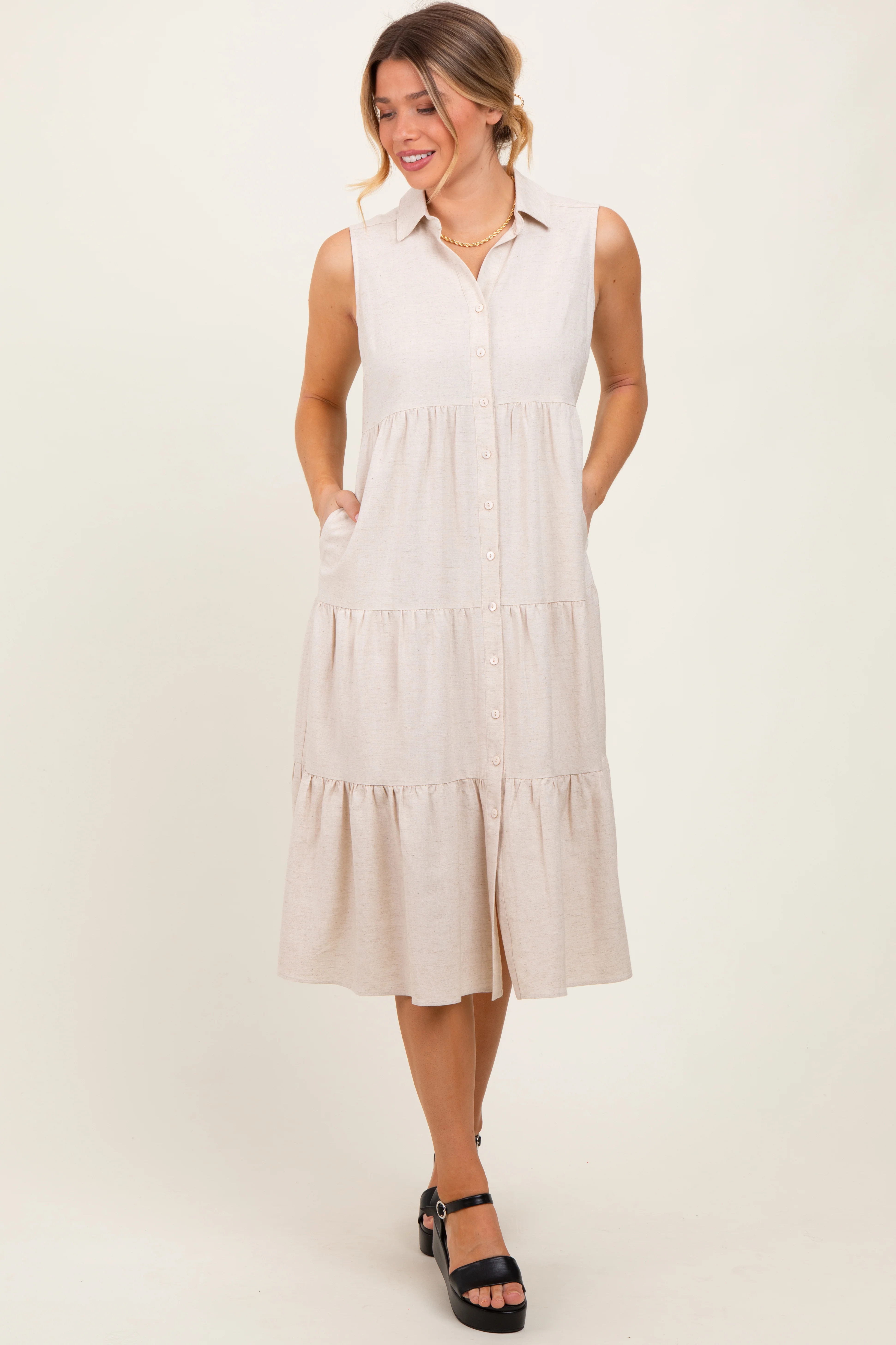 Cream Tiered Sleeveless Maternity Midi Shirt Dress - Image 4