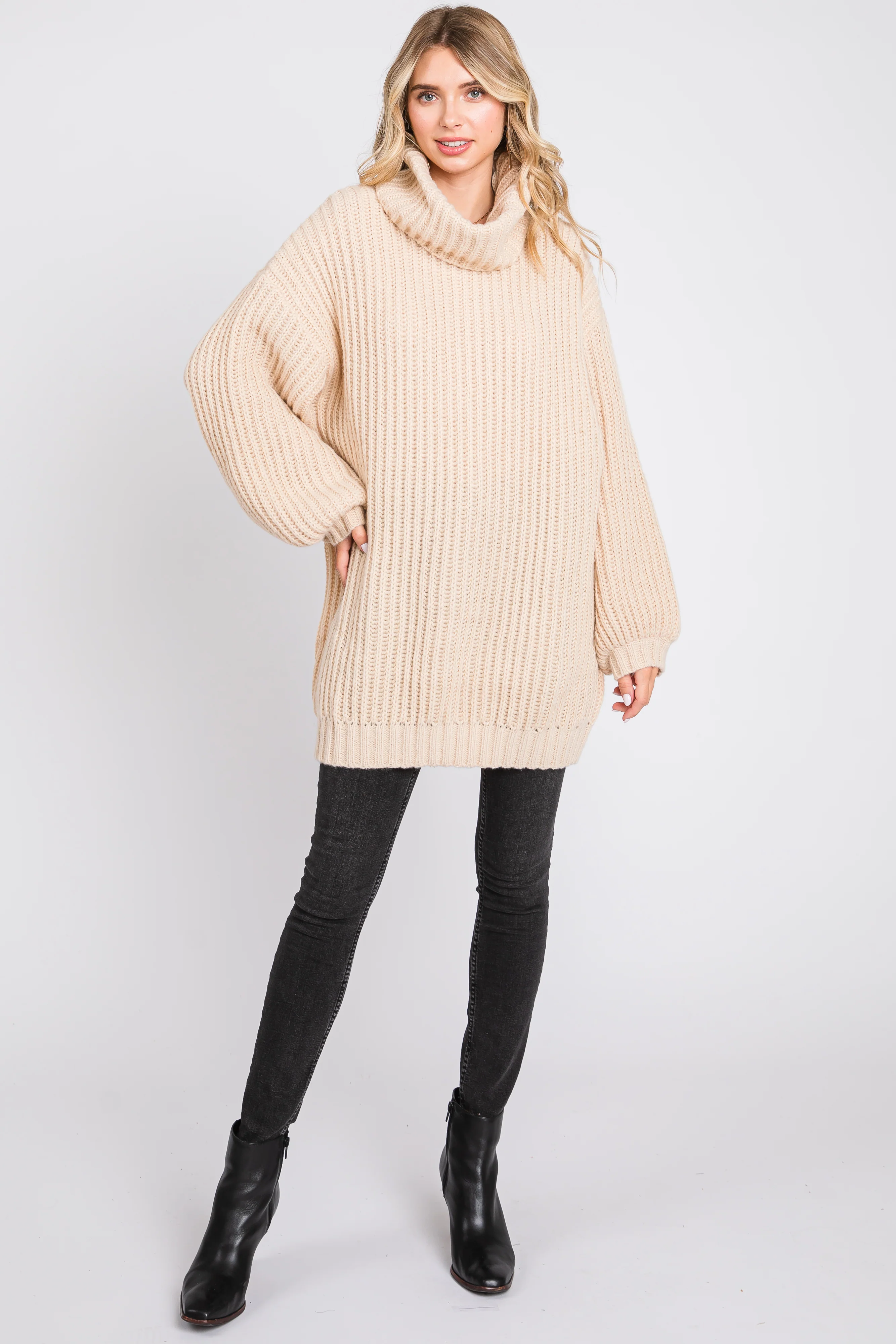 Cream Turtleneck Puff Sleeve Maternity Sweater Dress - Image 5