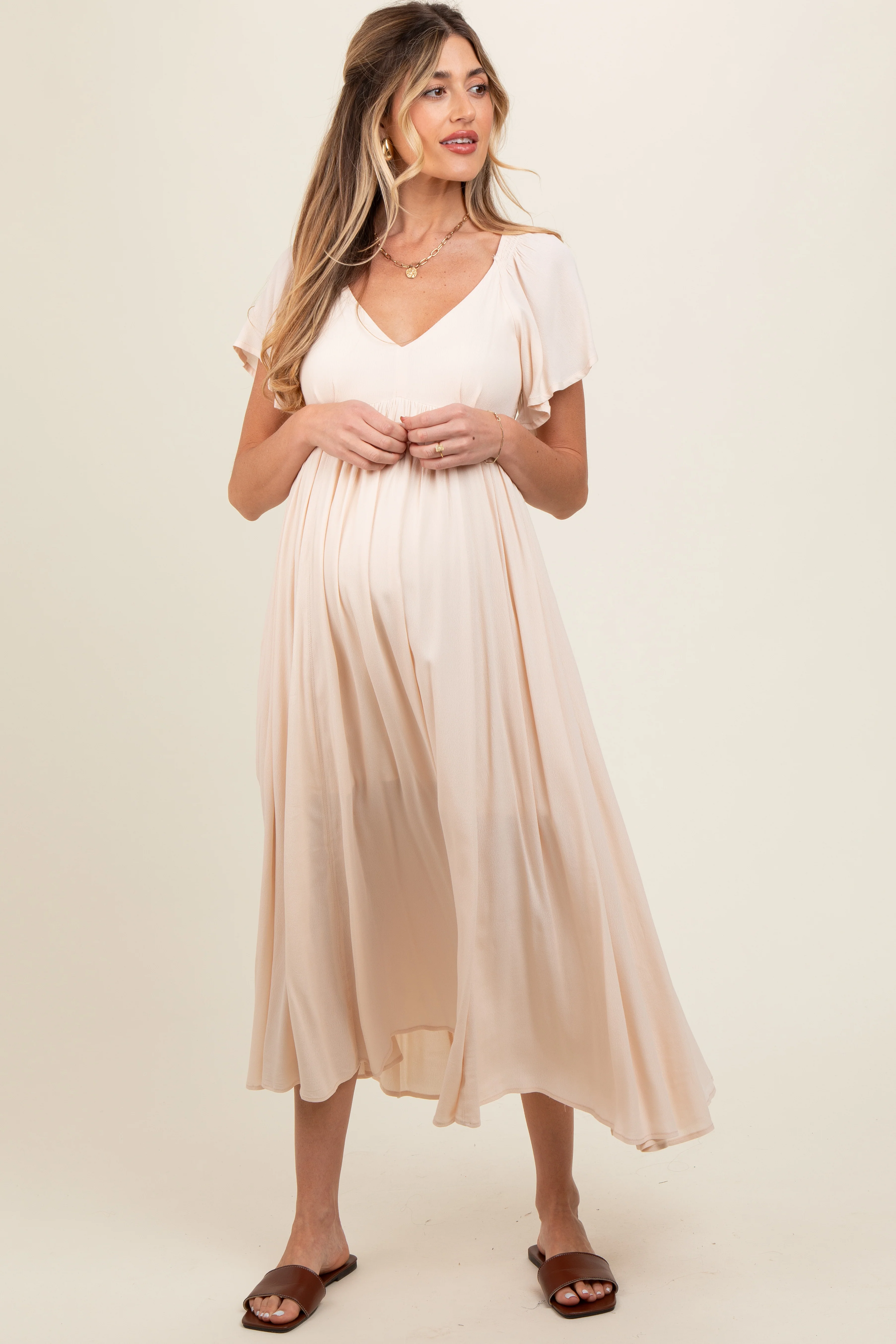 Cream V-Neck Flutter Short Sleeve Maternity Midi Dress - Image 2