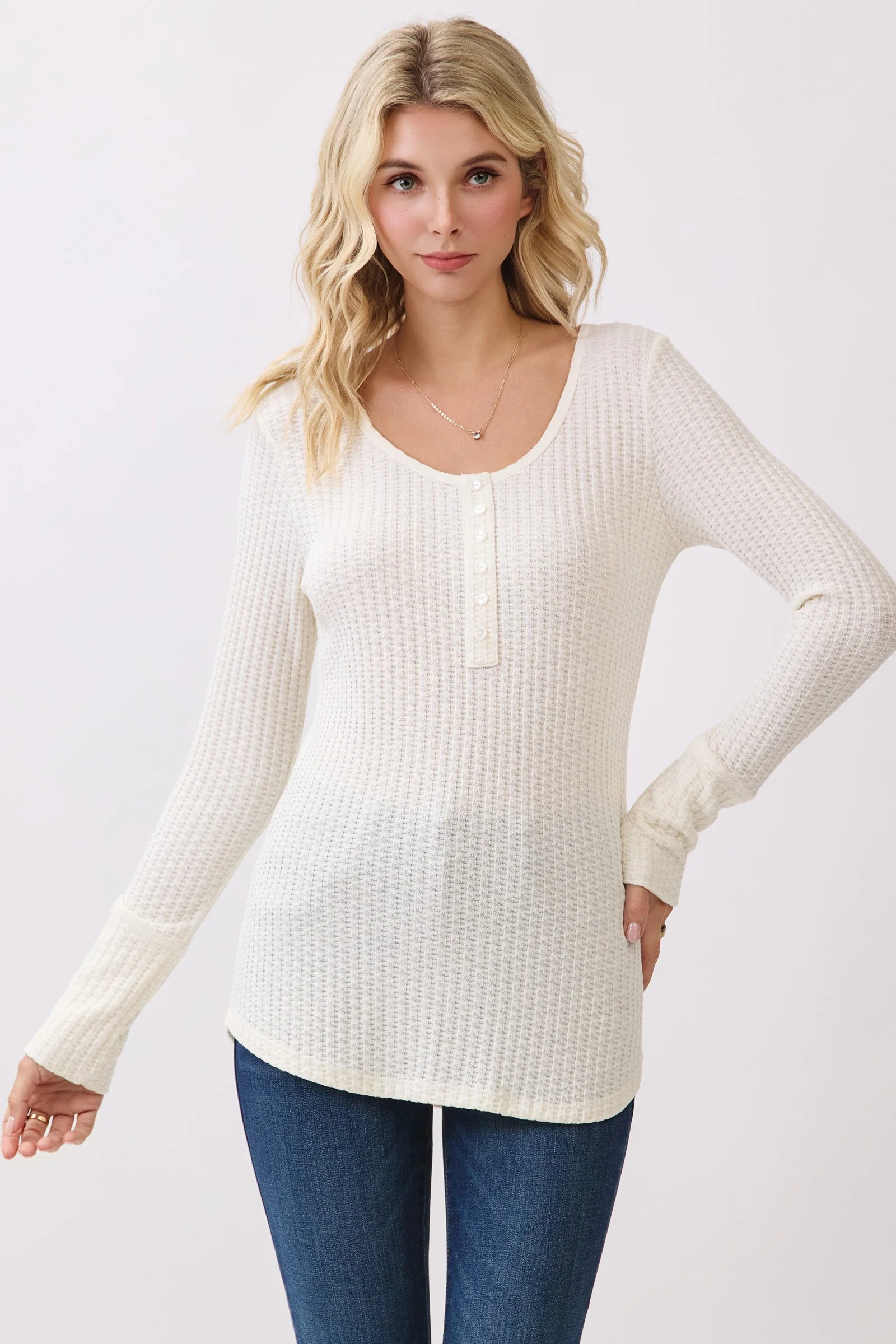 Cream Waffle Rib Knit Maternity Henley Top - Image 5