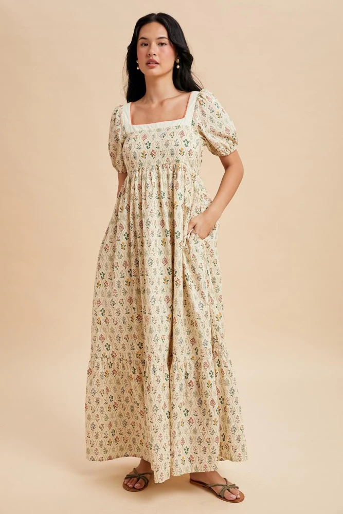 Creme Floral Cotton Puff Sleeve Maternity Maxi Dress - Image 6