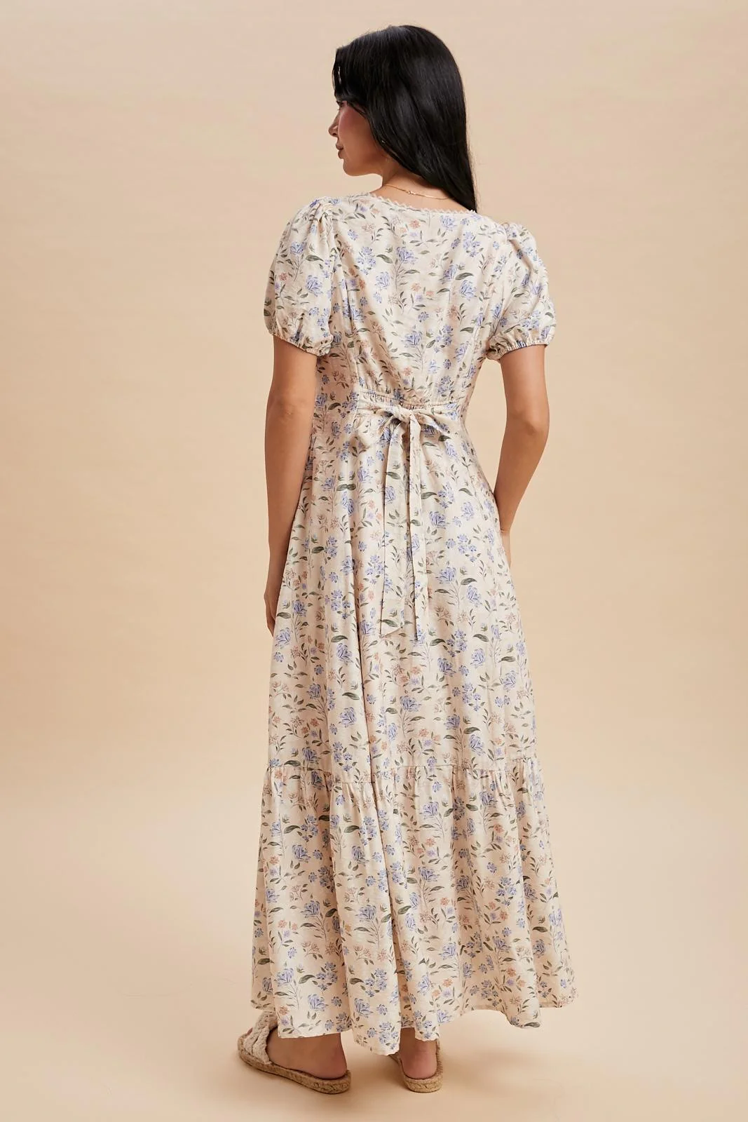 Creme Floral Lace Trim Button Down Maxi Dress - Image 4