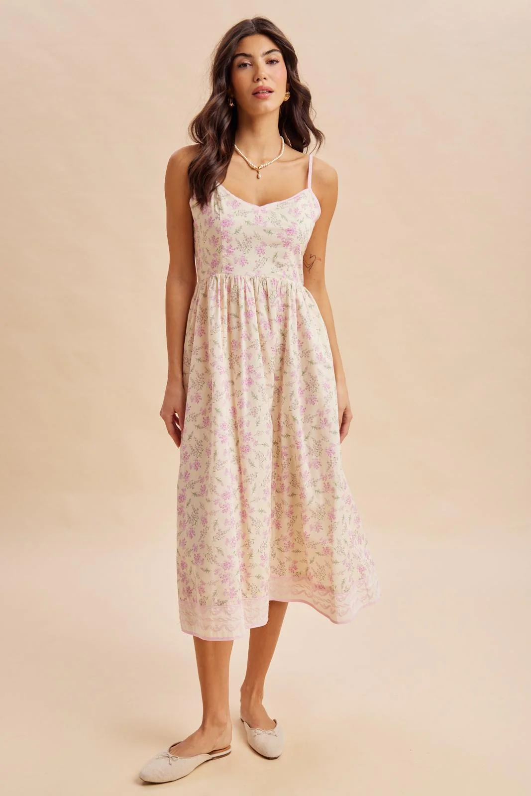 Creme Peony Floral Embroidered Hem Midi Dress - Image 2
