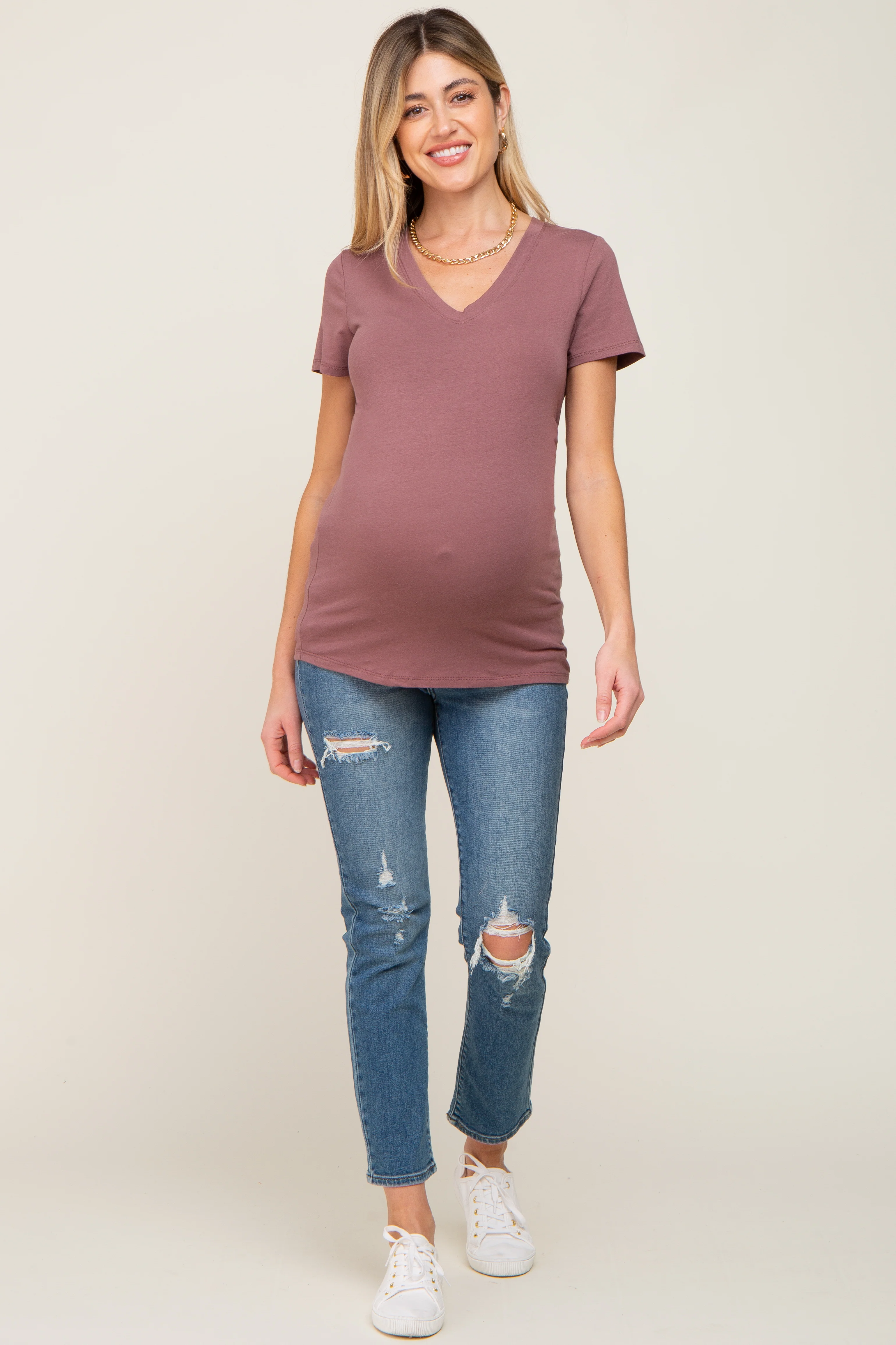 Dark Burgundy Basic V-Neck Maternity Tee - Image 4