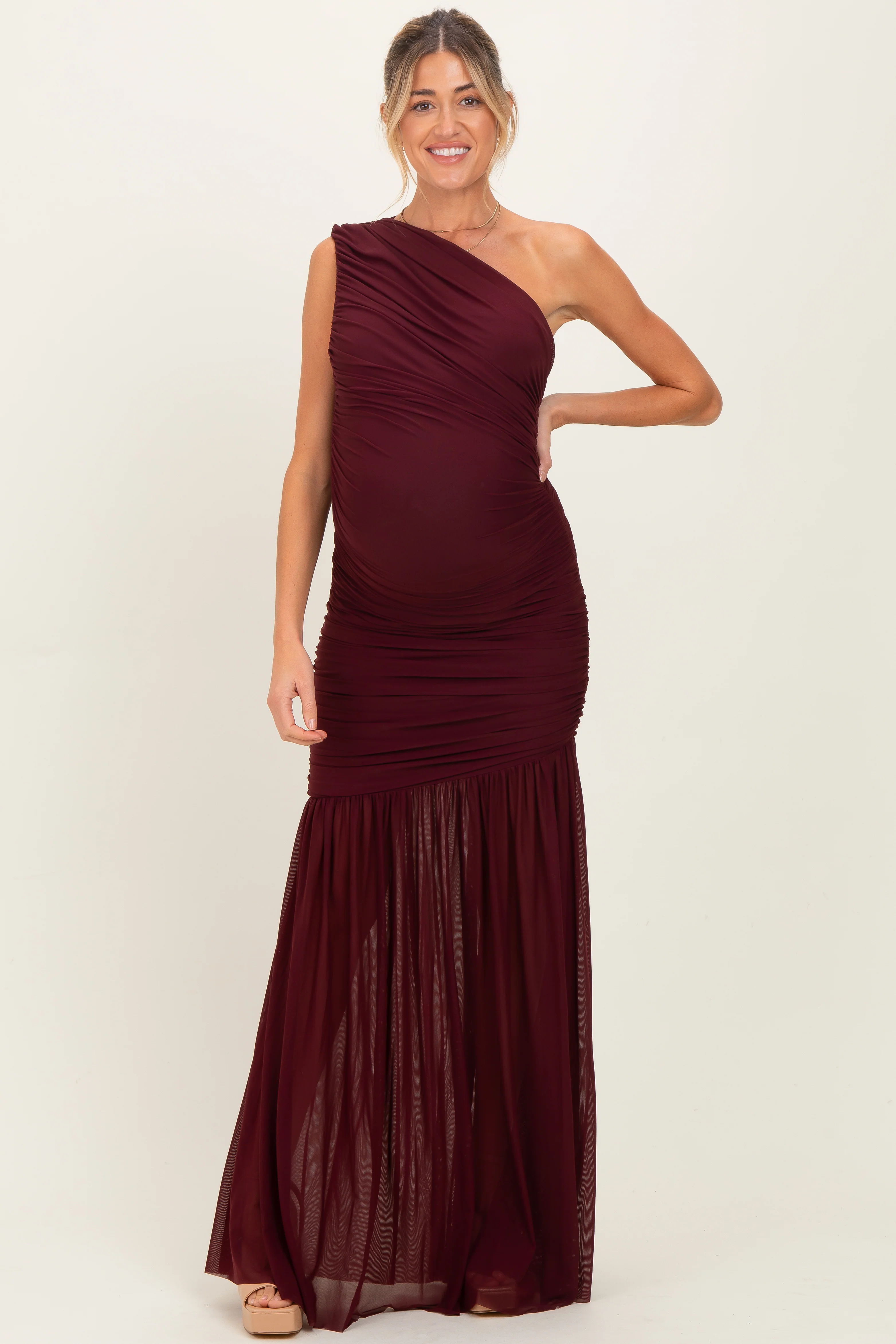 Dark Burgundy Ruched Mesh One Shoulder Maternity Maxi Dress - Image 2