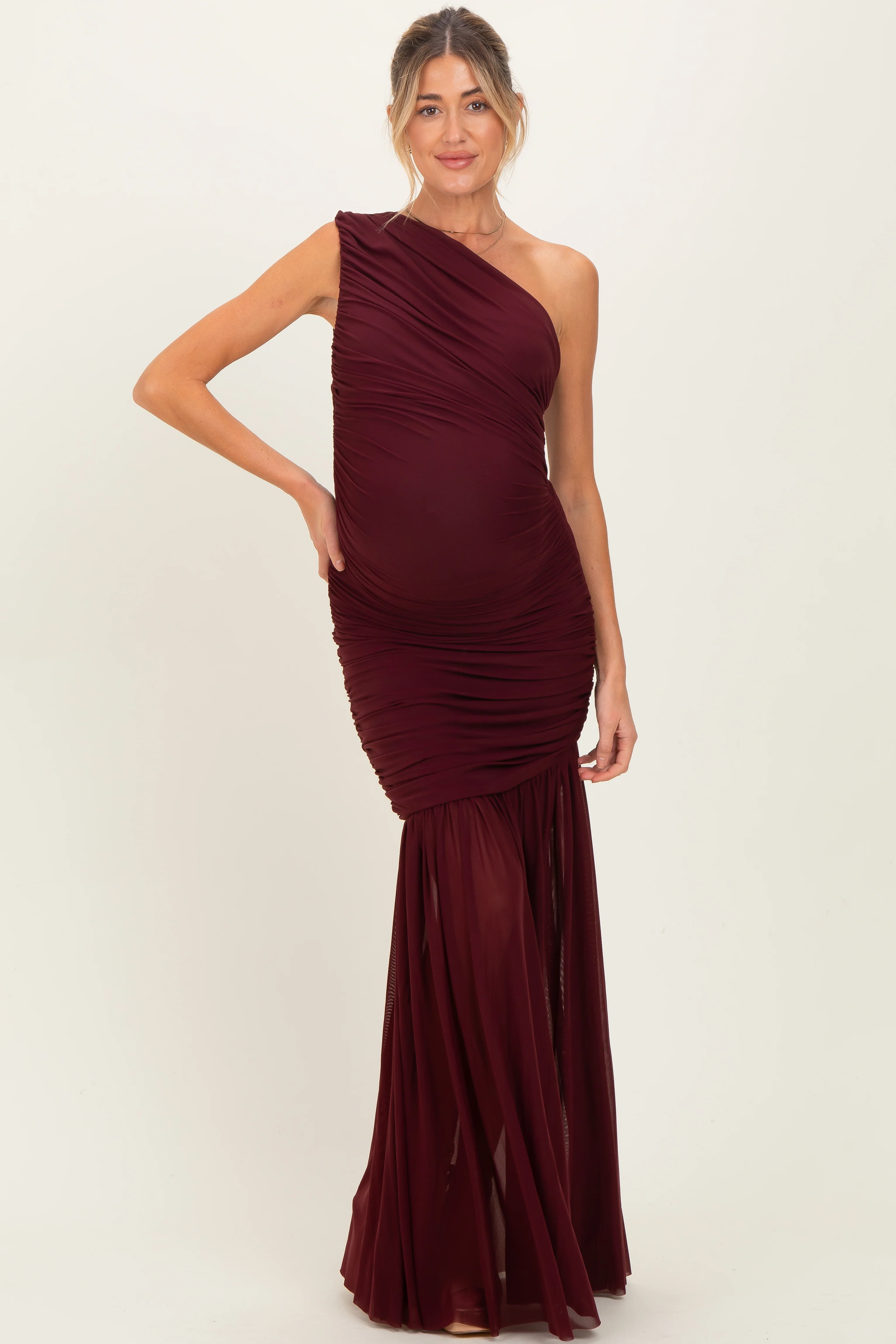 Dark Burgundy Ruched Mesh One Shoulder Maternity Maxi Dress - Image 3