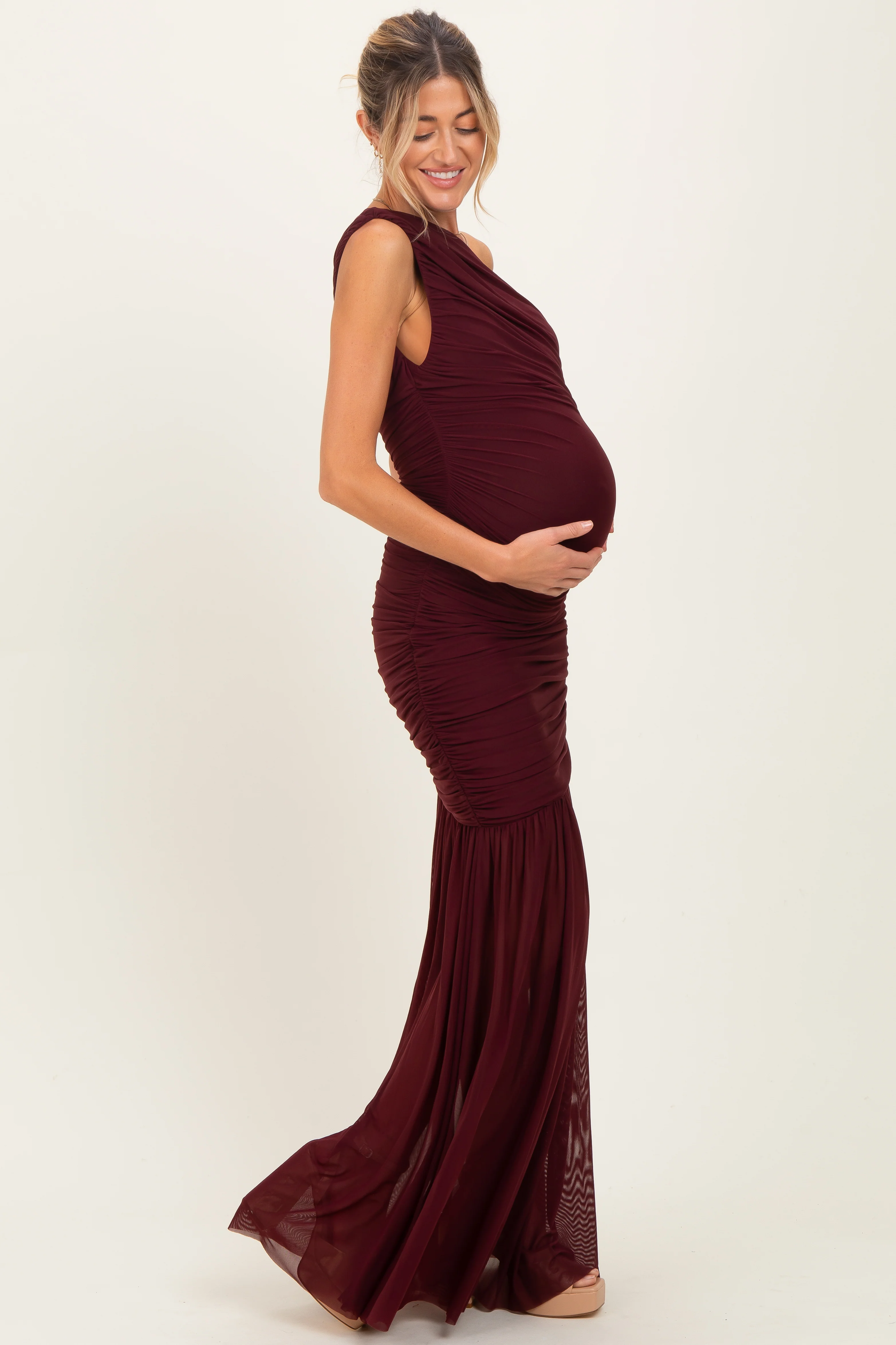 Dark Burgundy Ruched Mesh One Shoulder Maternity Maxi Dress - Image 4