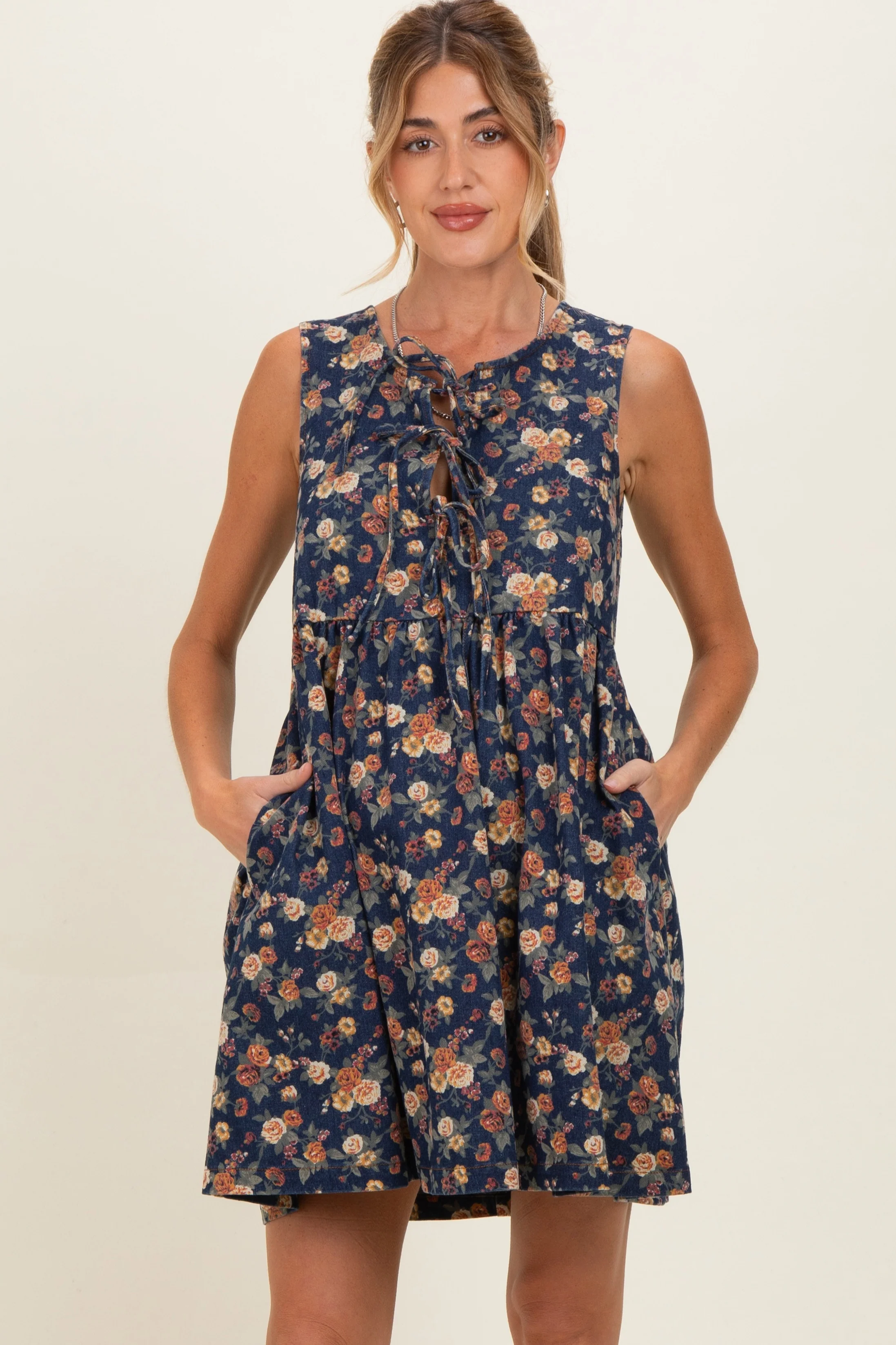 Dark Denim Floral Tie Front Maternity Mini Dress