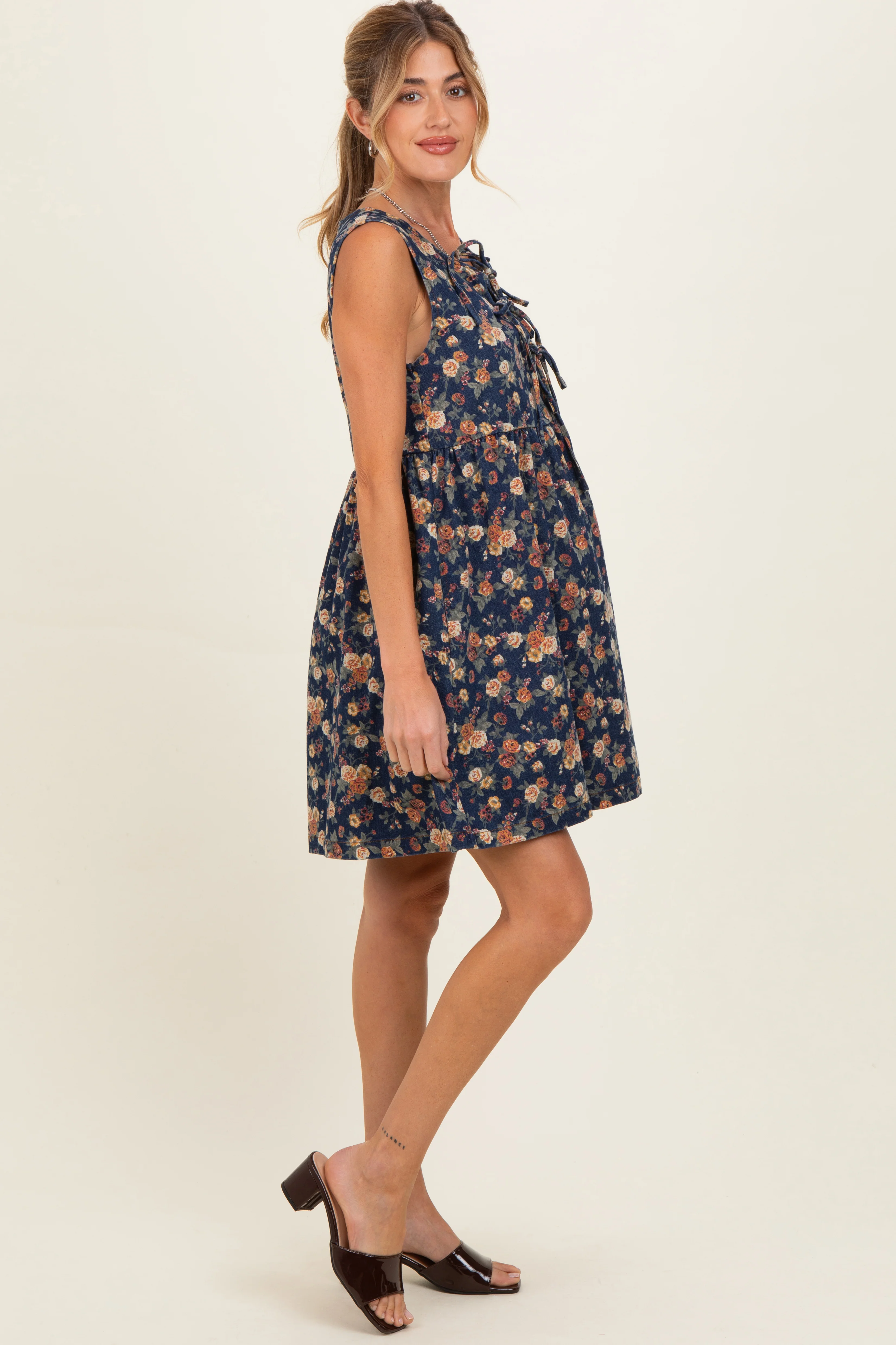 Dark Denim Floral Tie Front Maternity Mini Dress - Image 2