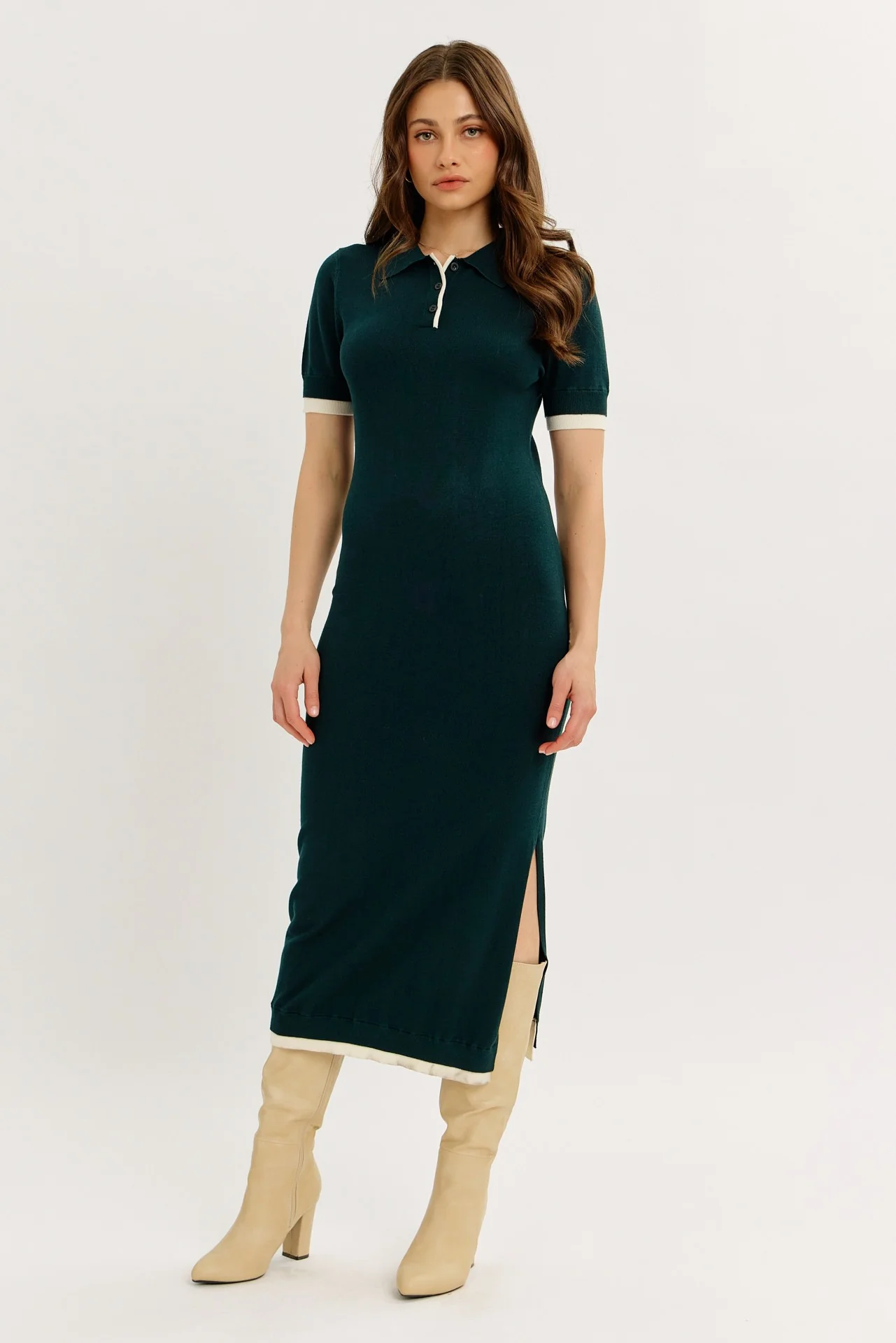 Dark Green Sweater Side Slit Maternity Midi Dress - Image 5