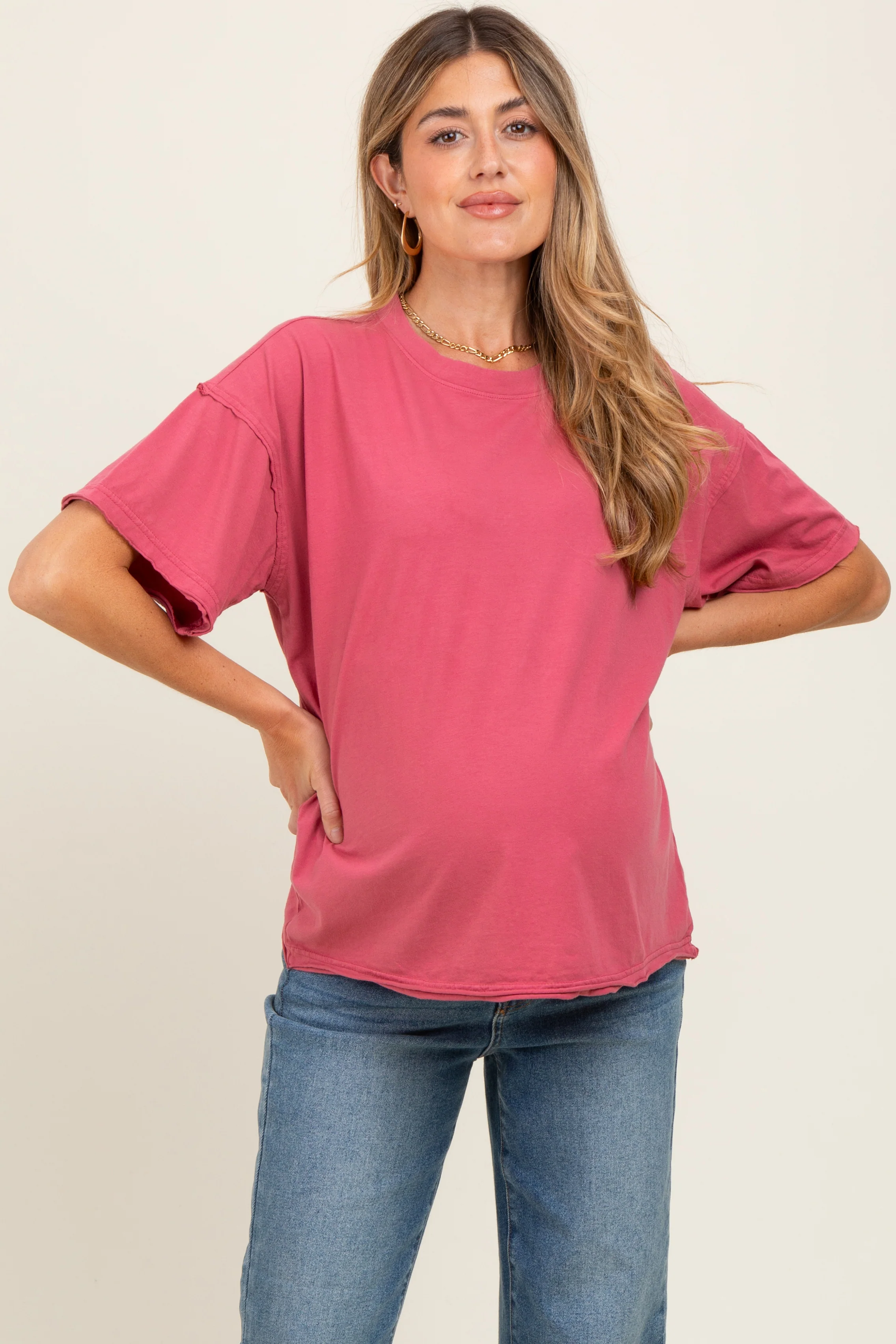 Dark Mauve Boxy Raw Edge Maternity Short Sleeve Tee - Image 2