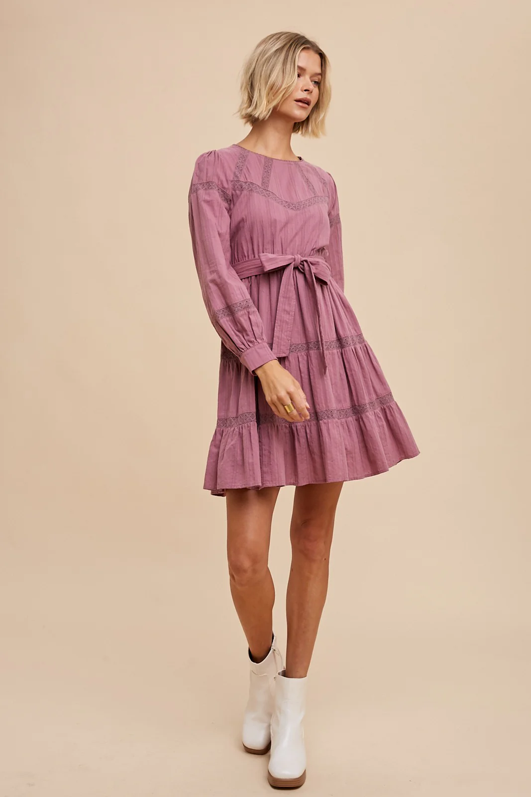 Dark Mauve Lace Inlay Long Sleeve Mini Dress - Image 5