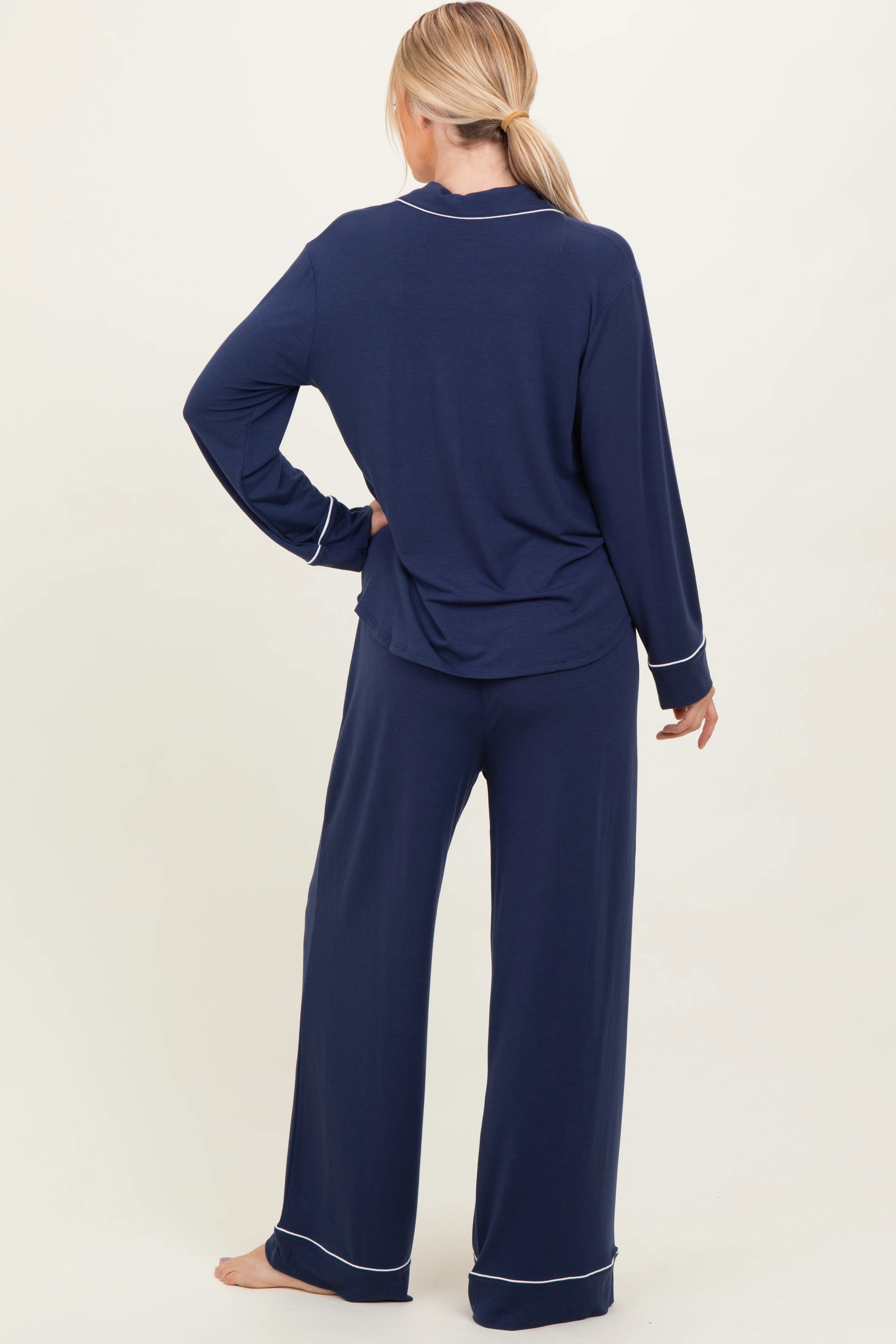 Dark Navy Button Down Top Wide Leg Pant Pajama Set - Image 4