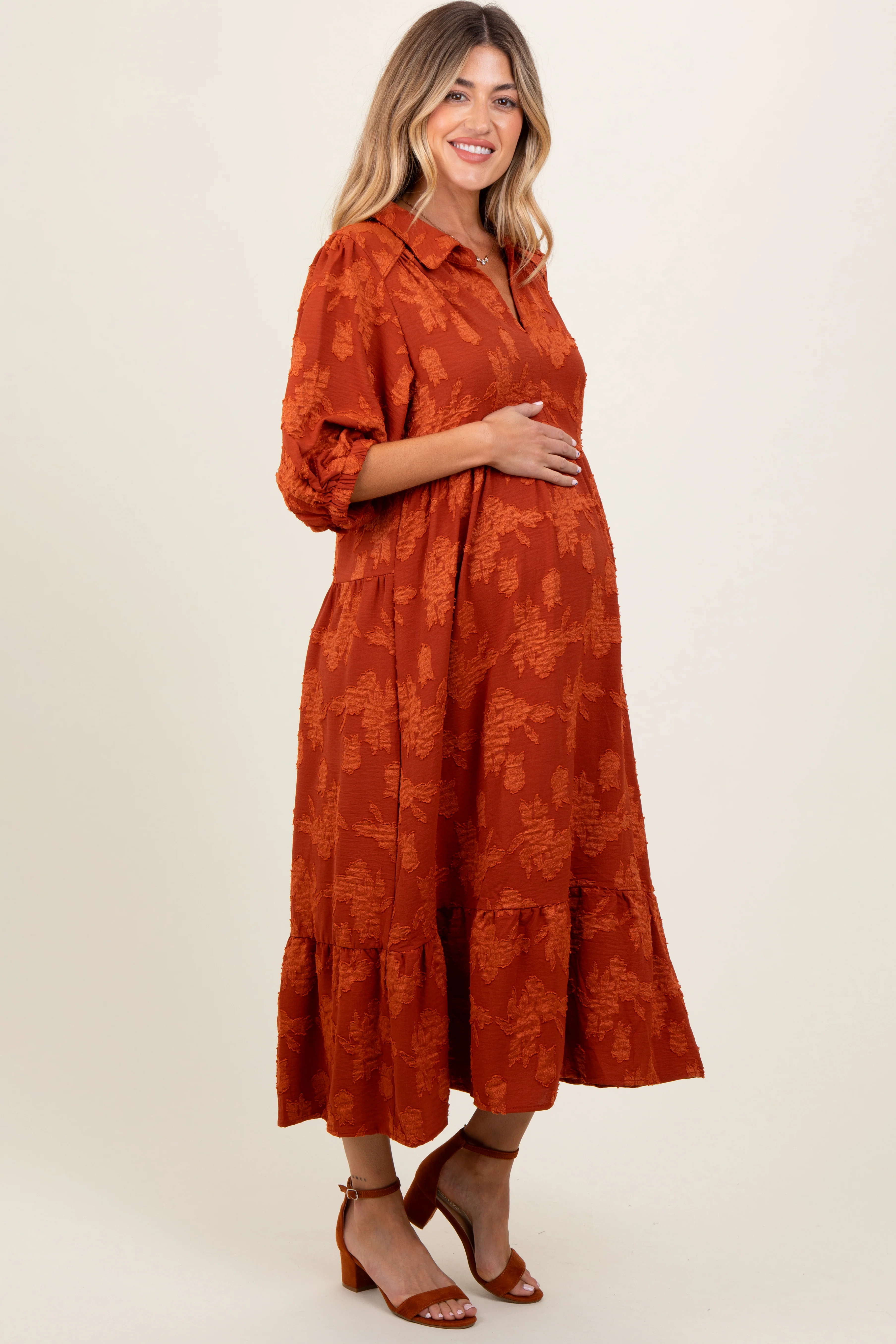 Dark Orange Floral Applique Collared Maternity Midi Dress - Image 3