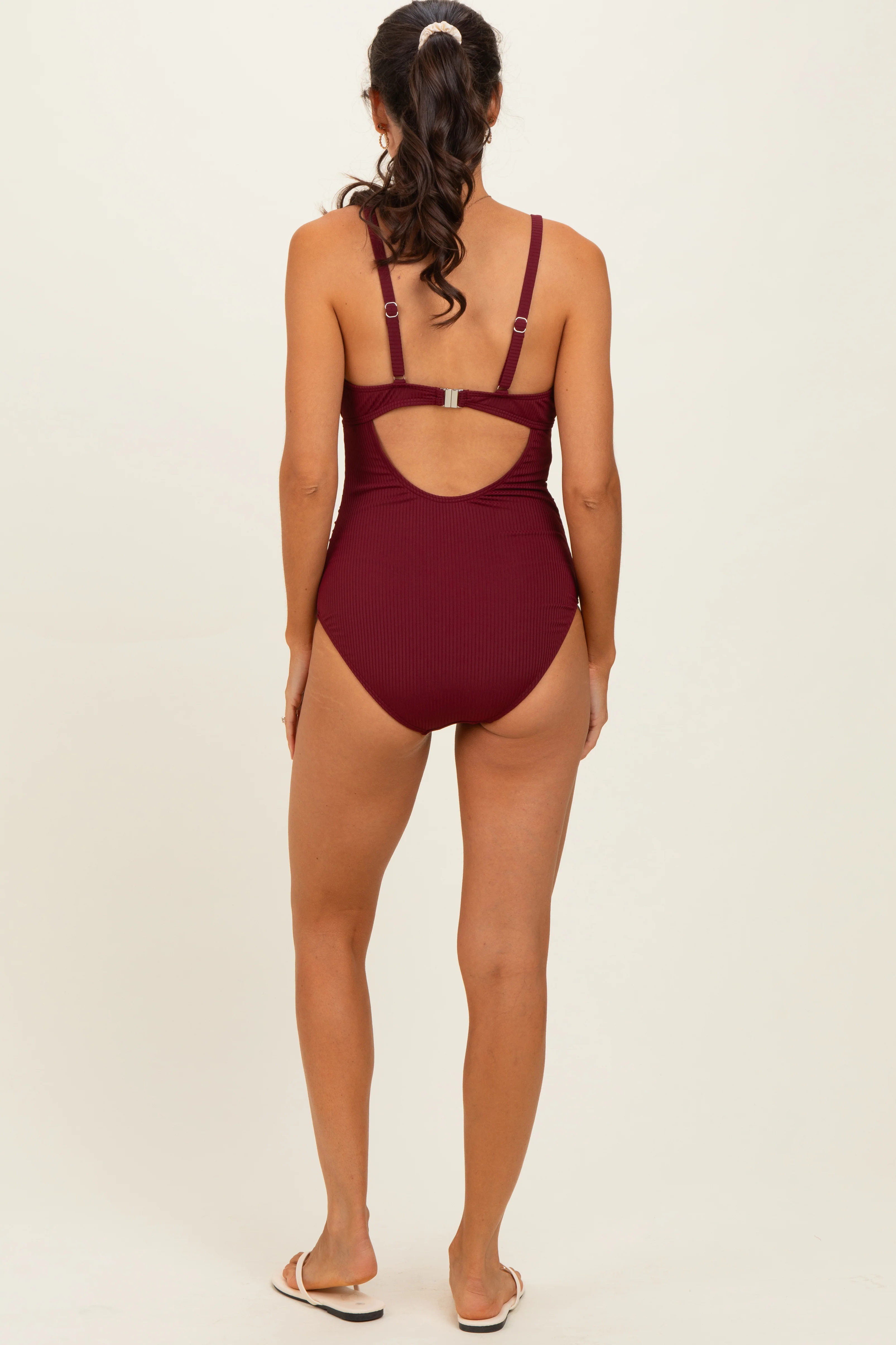 Dark Red Ribbed O-Ring Strap Cutout Back One Piece Swimsuit - Image 4