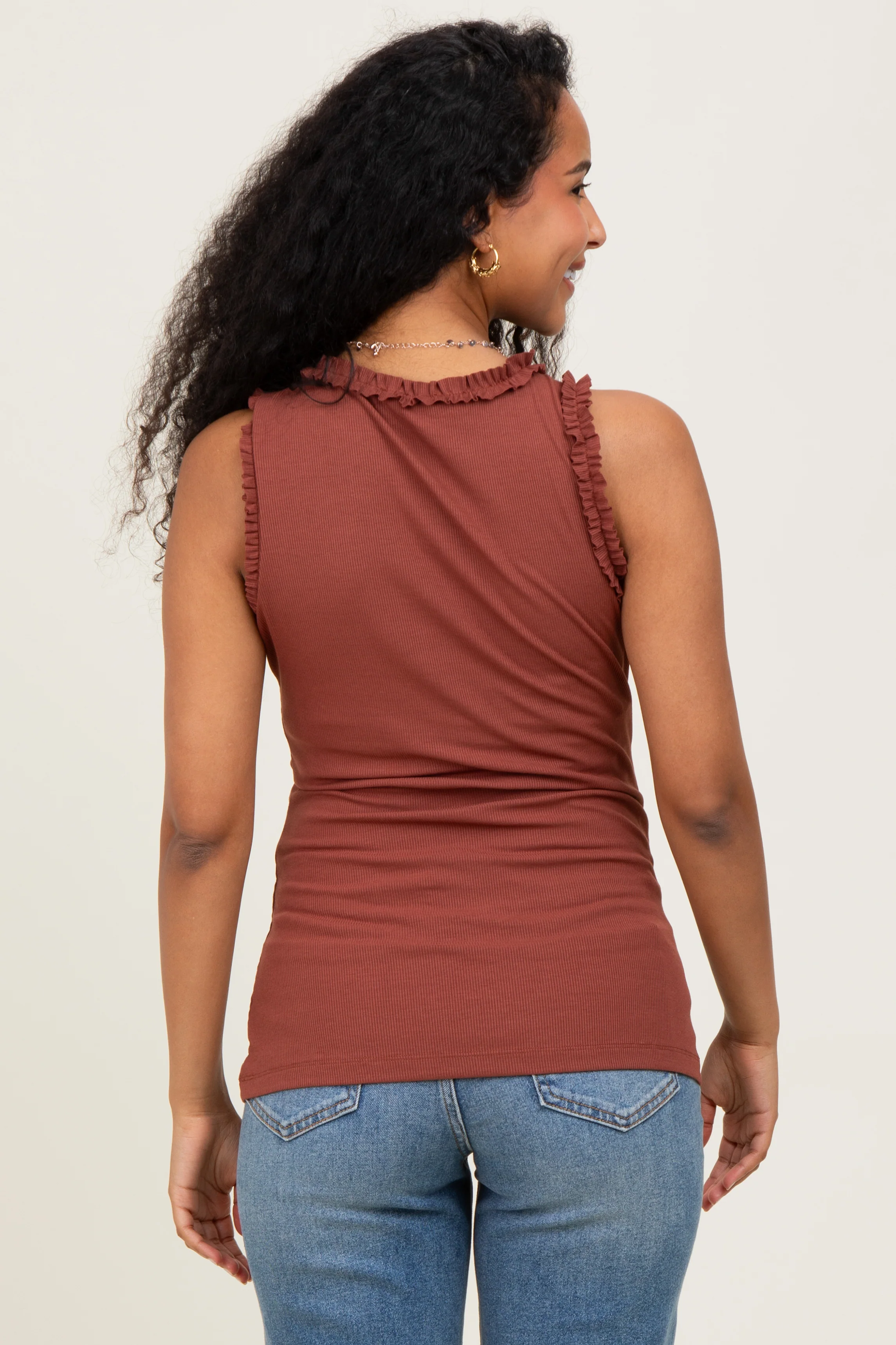Dark Rust Rib Knit Ruffle Trim Sleeveless Maternity Top - Image 4