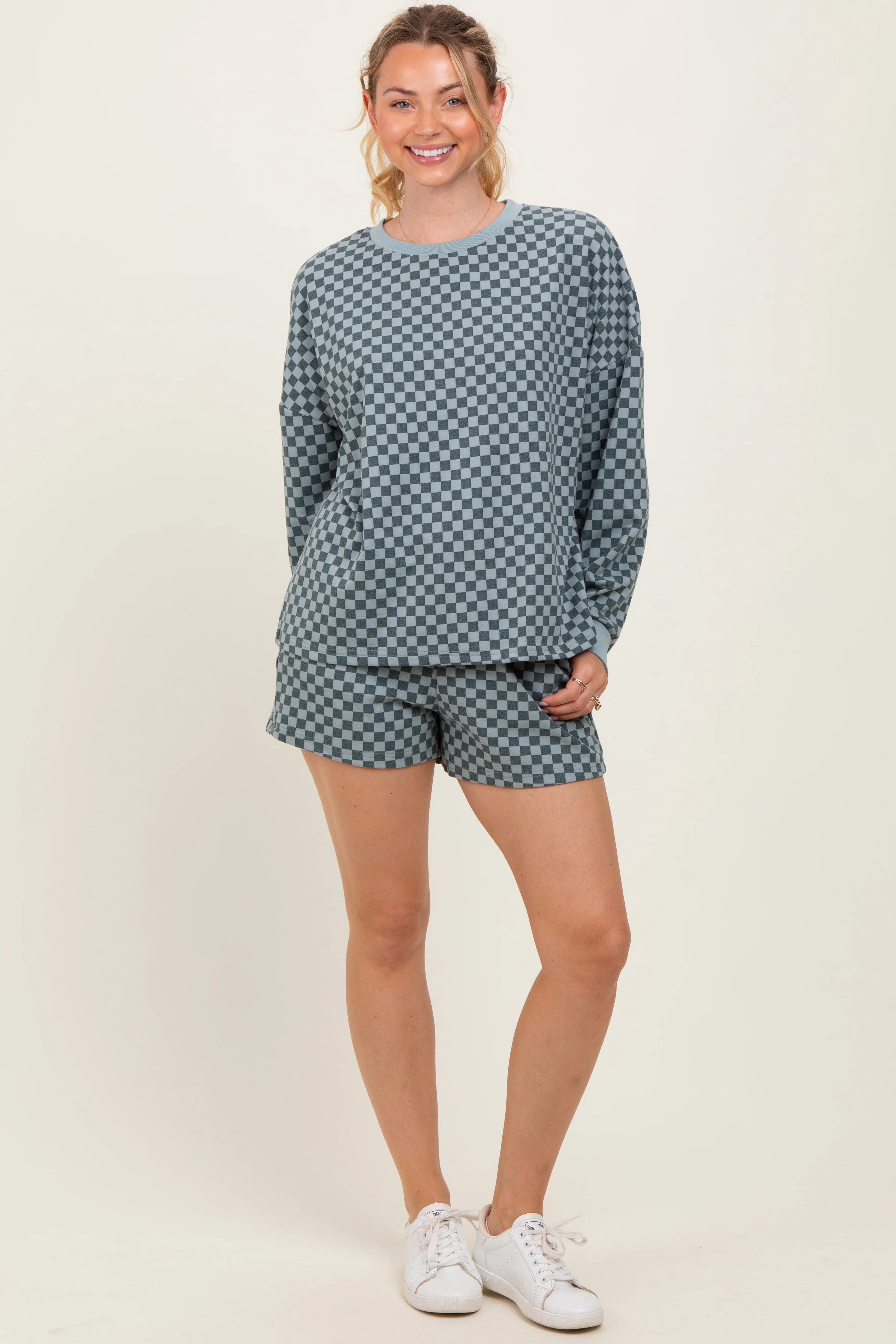 Dark Teal Checkered Plaid Pullover Shorts Maternity Set - Image 5