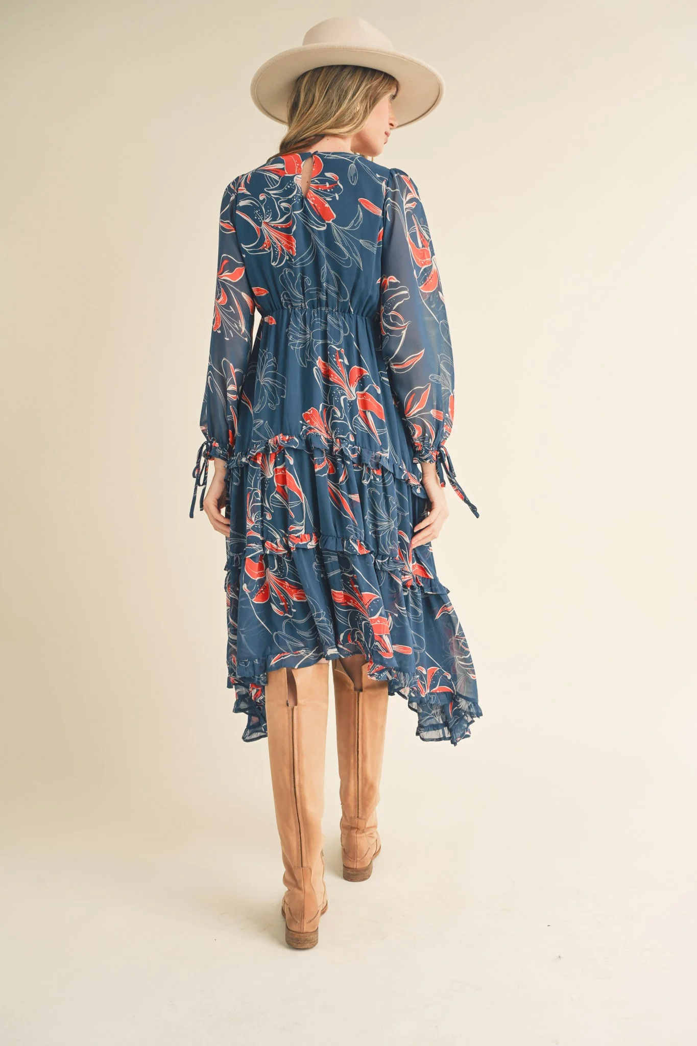 Dark Teal Floral Chiffon Ruffle Tiered Midi Dress - Image 3