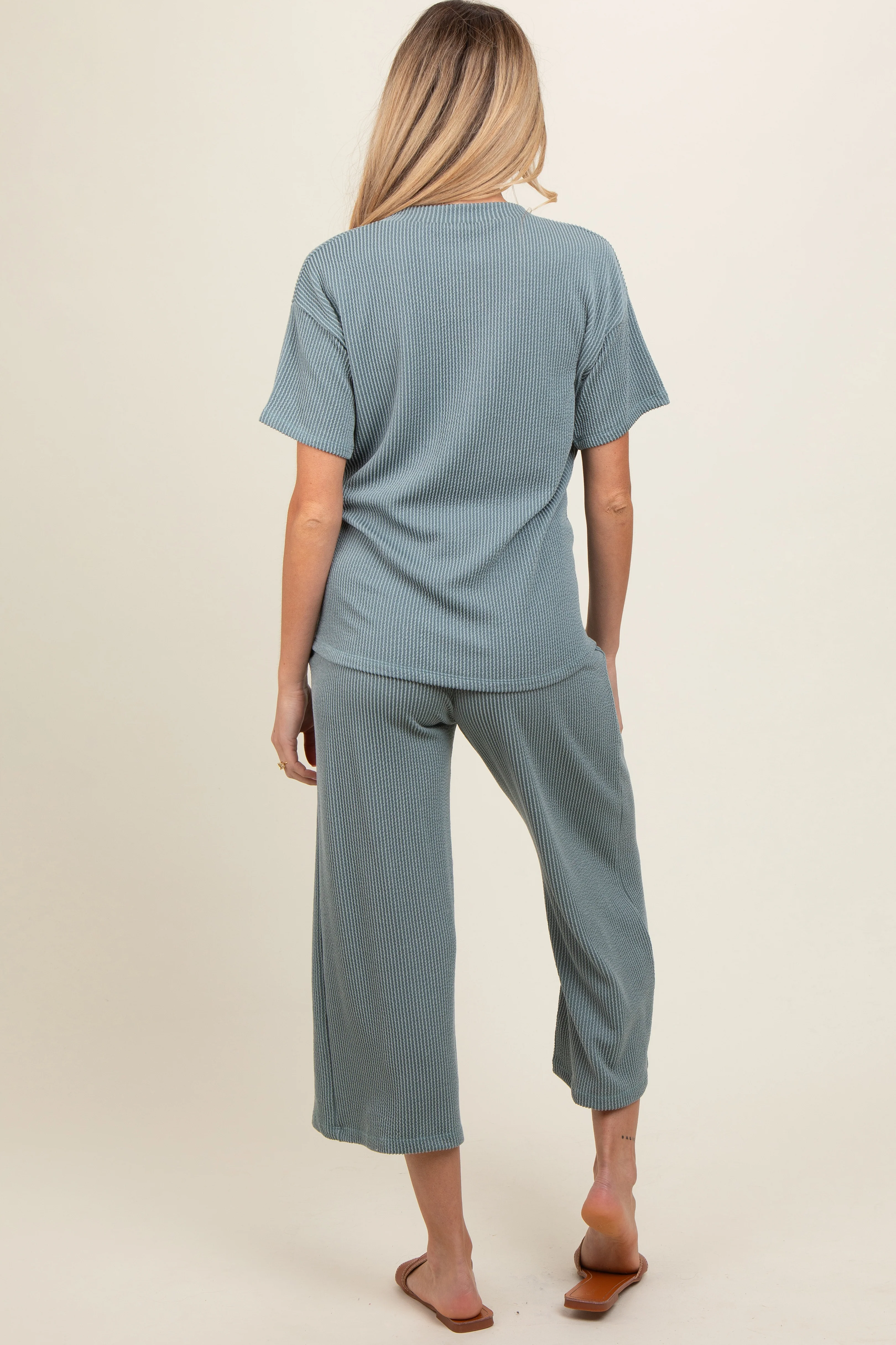 Dark Teal Ribbed Short Sleeve Top Maternity Pajama Set - Image 4