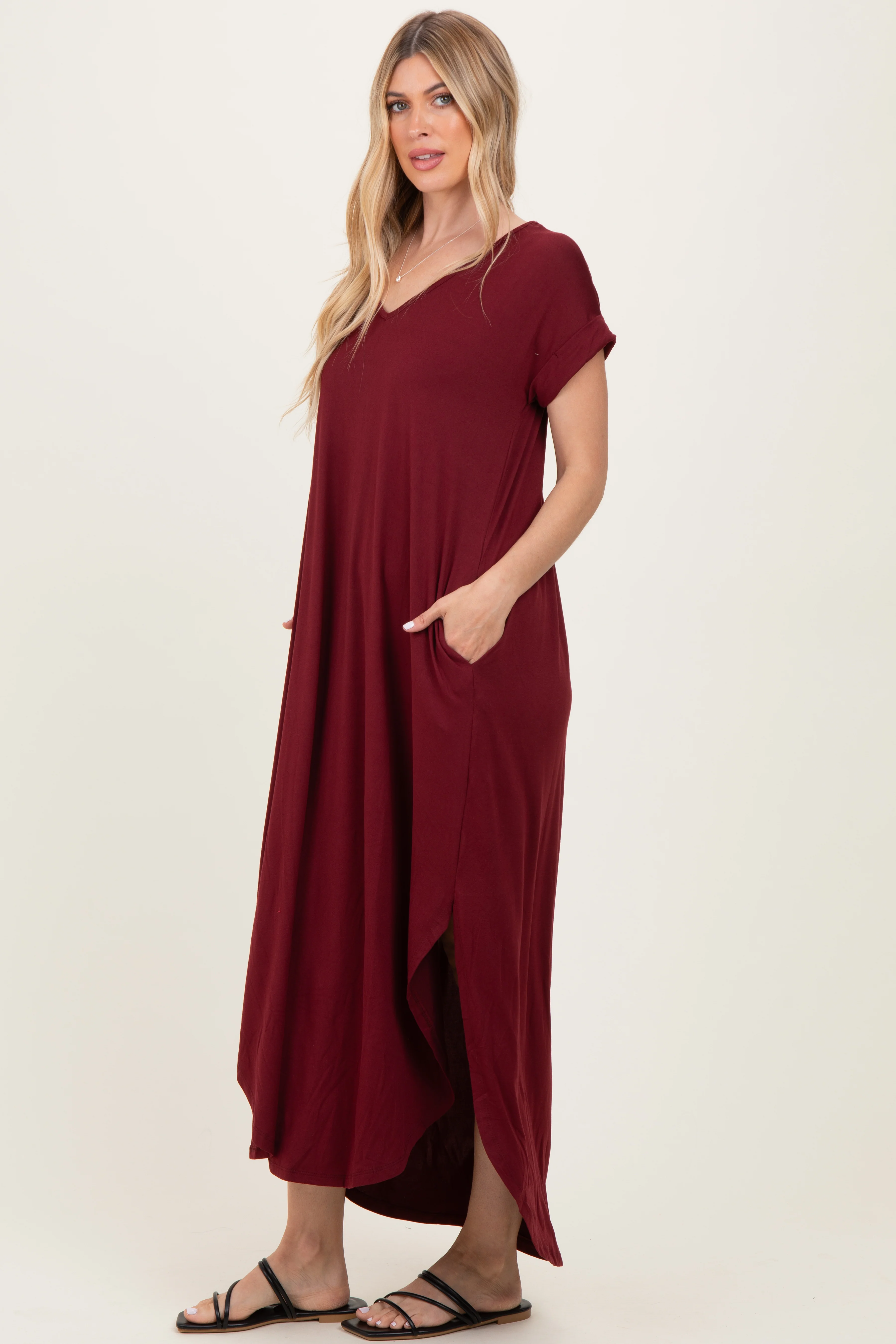 Dark Wine Side Slit Maxi Dress - Image 3