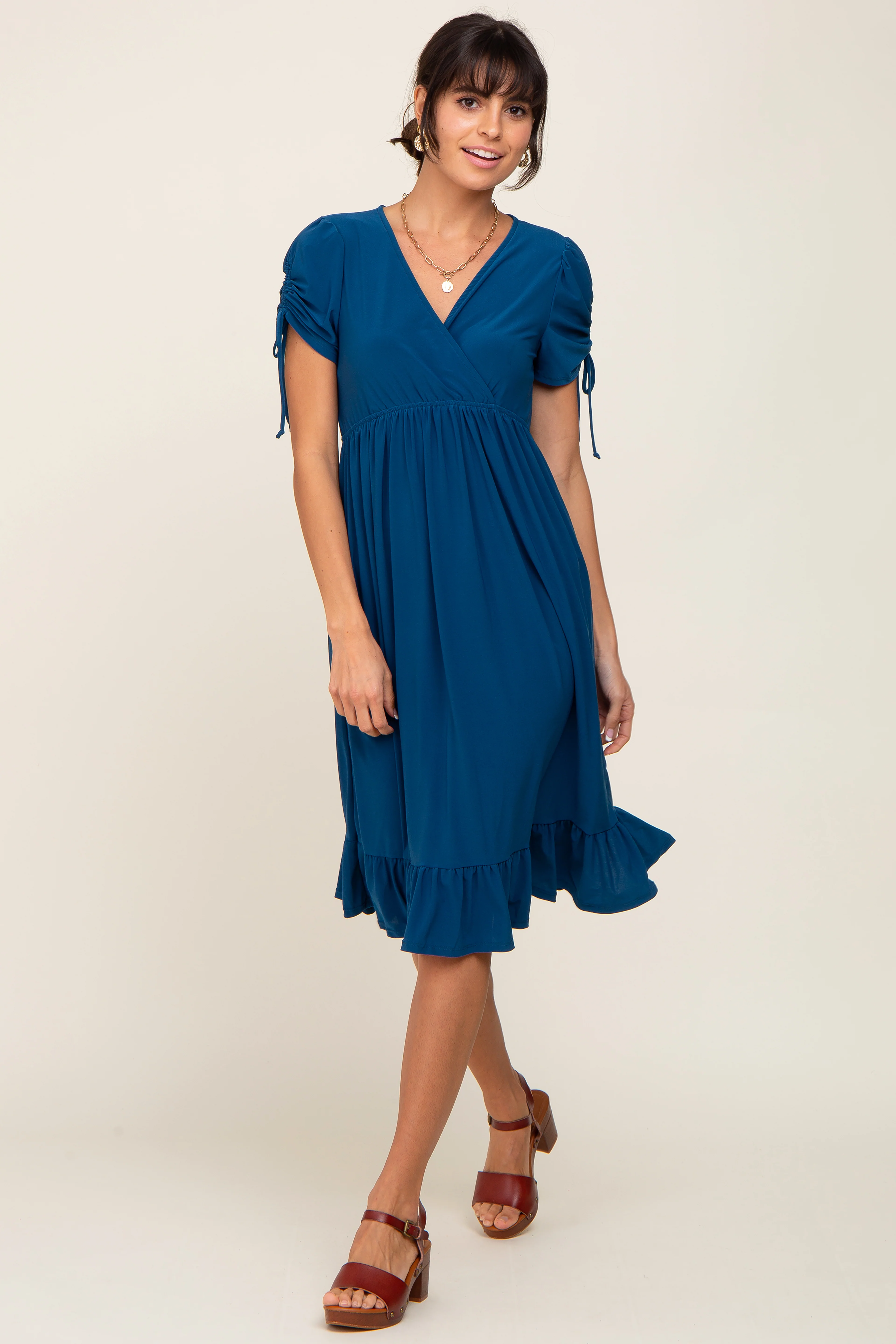 Deep Teal Cinched Sleeve Maternity Midi Dress - Image 6