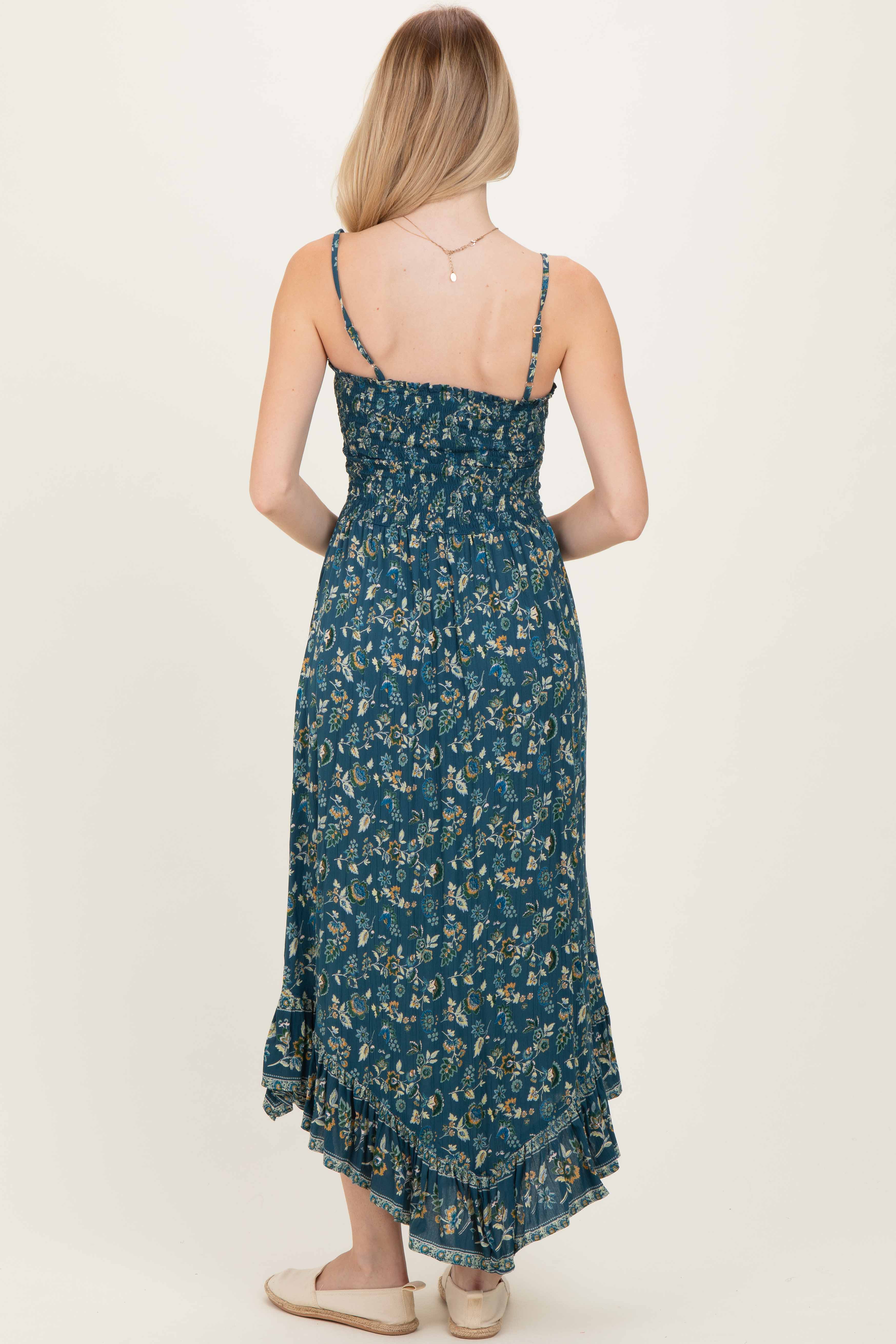 Deep Teal Floral Smocked Handkerchief Hem Dress - Image 4