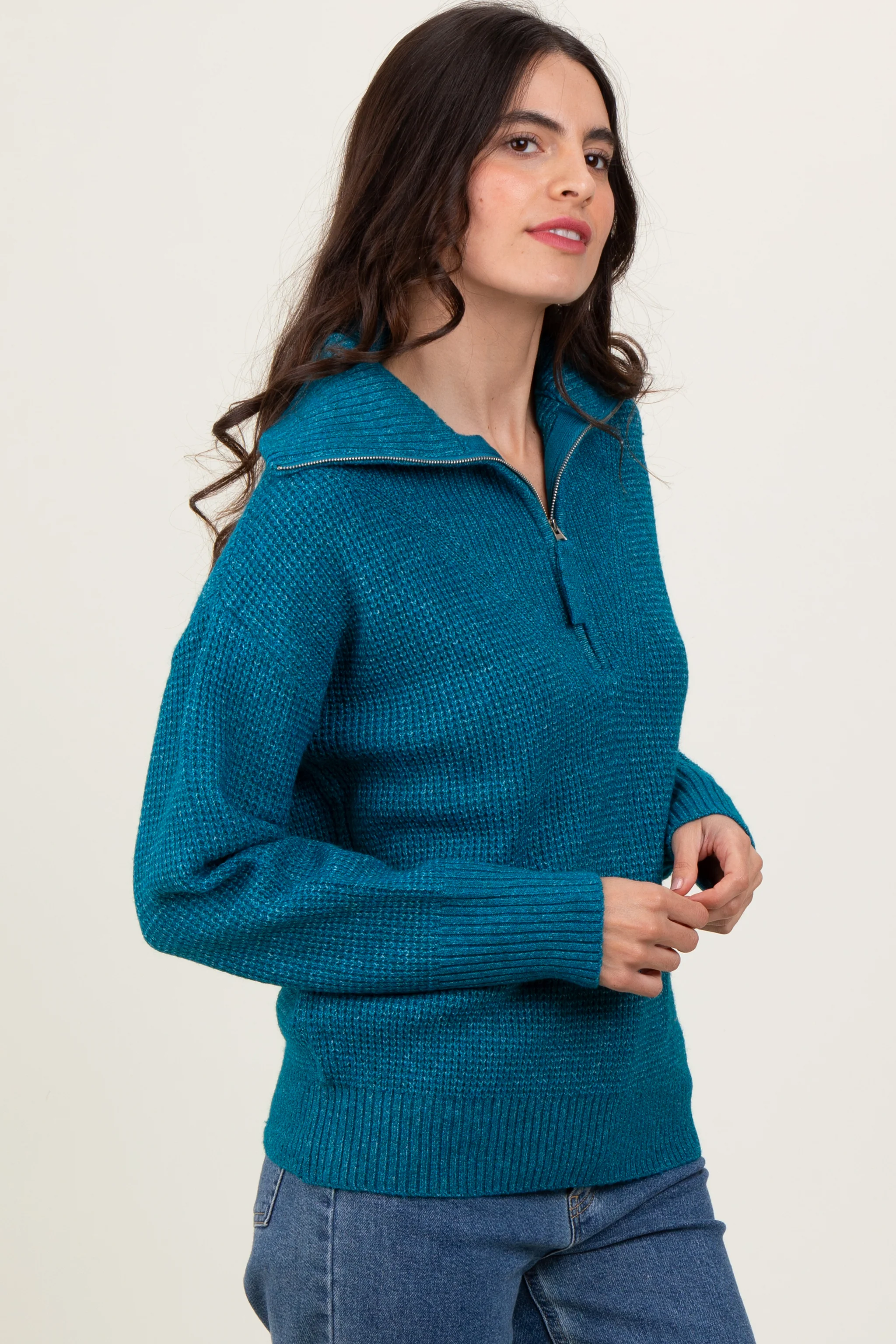 Deep Teal Half Zip Pullover Sweater - Image 3