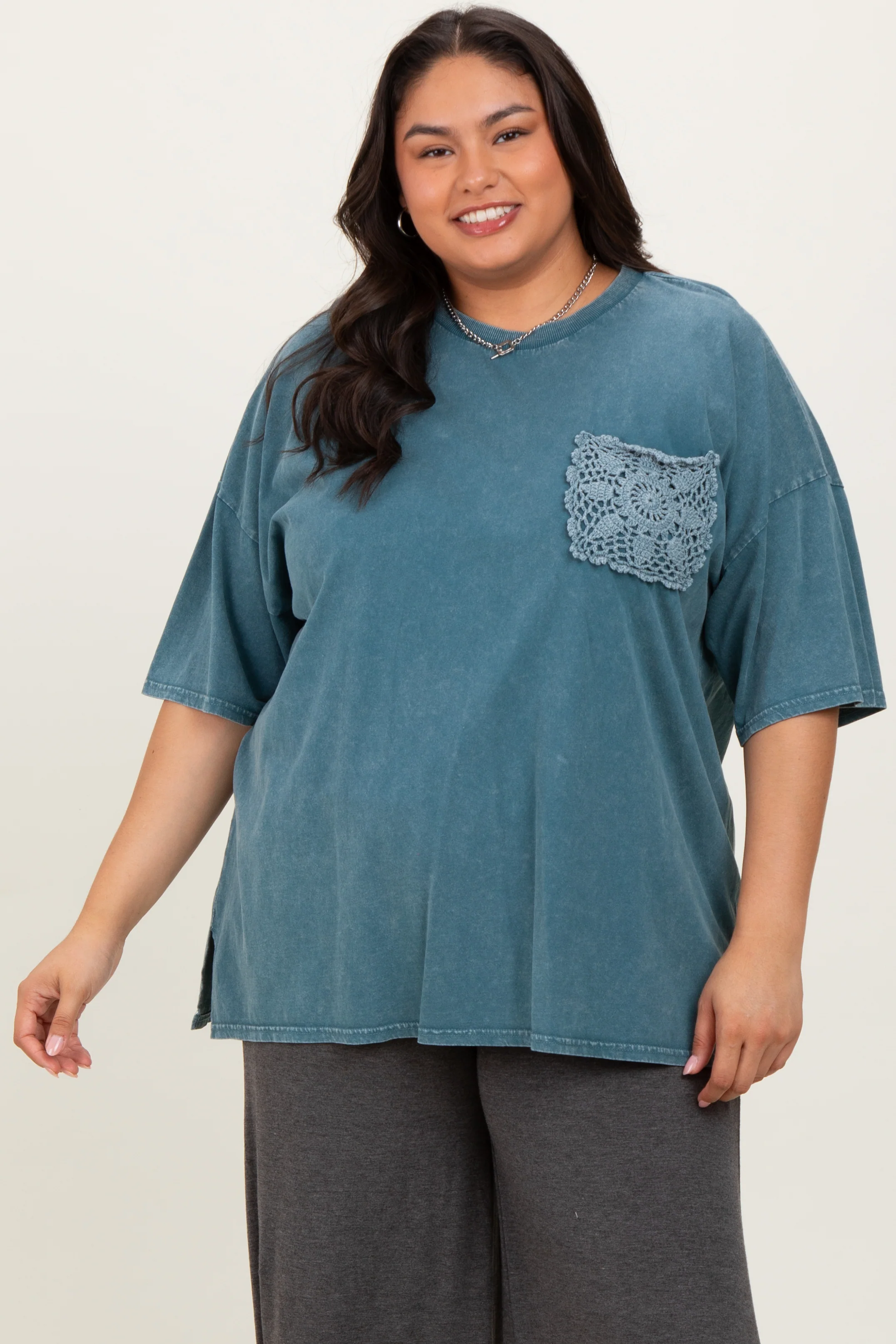 Deep Teal Mineral Wash Crochet Pocket Maternity Plus Top - Image 5