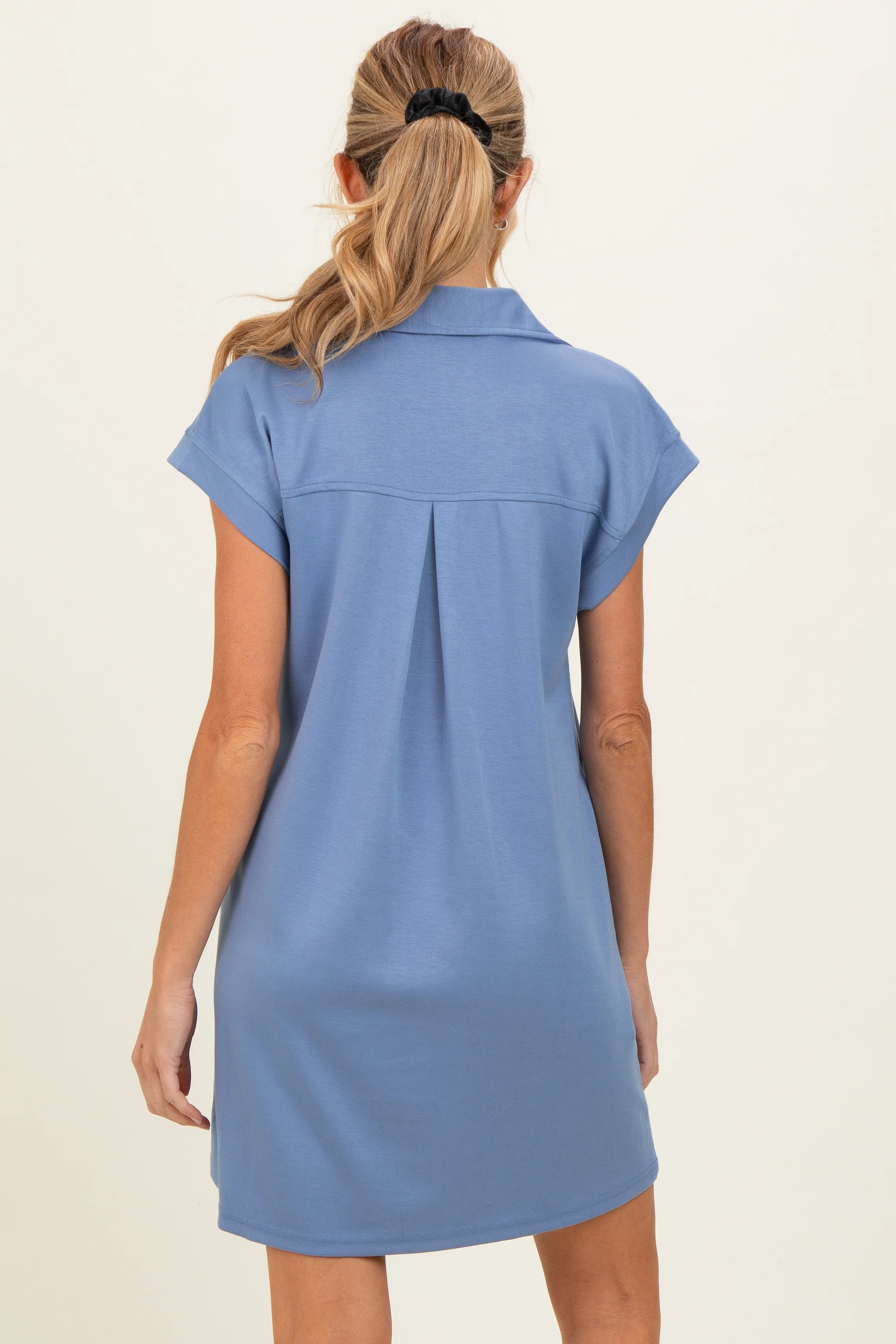 Denim Blue Collared Maternity Pocket Dress - Image 4