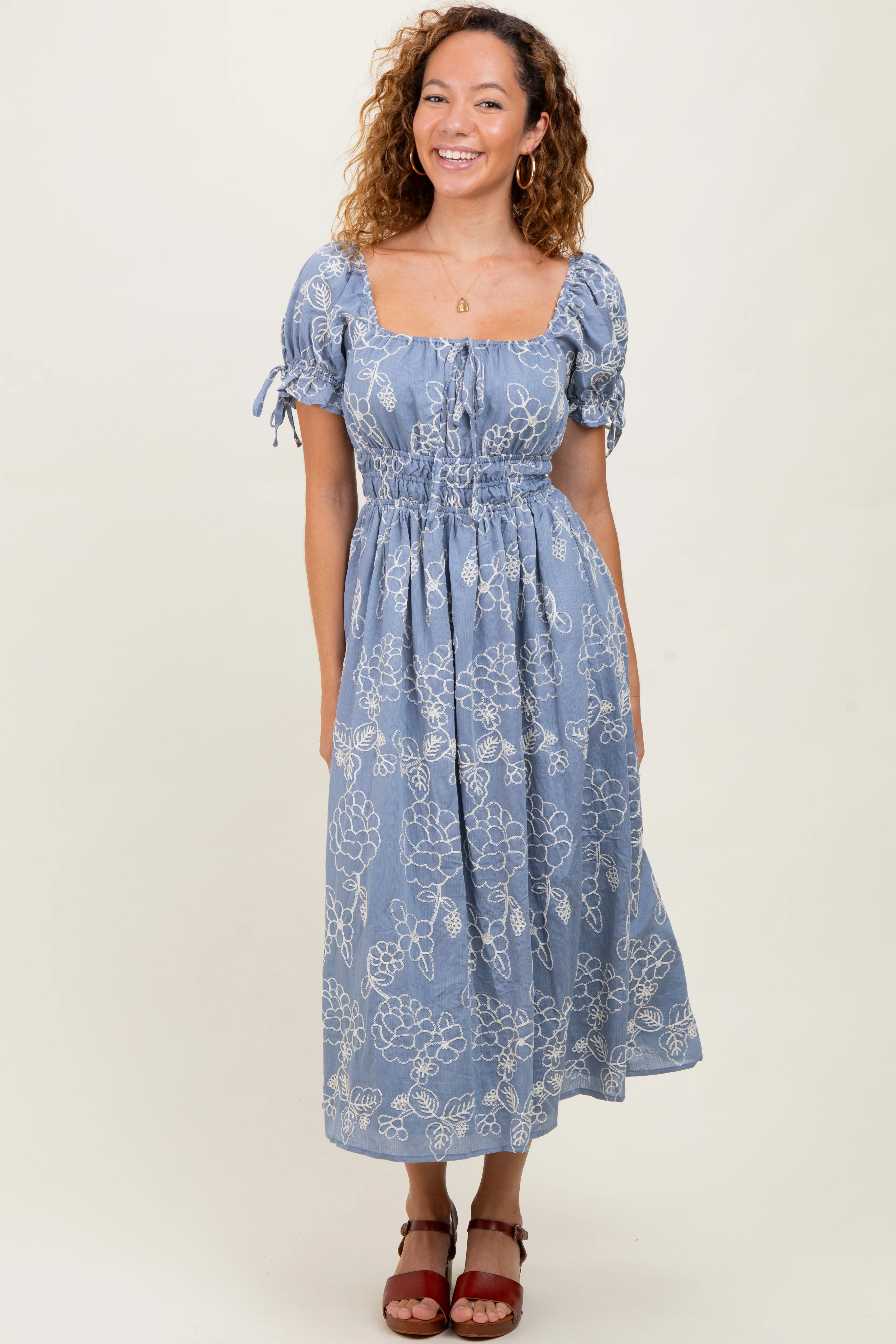Denim Blue Floral Embroidered Midi Dress