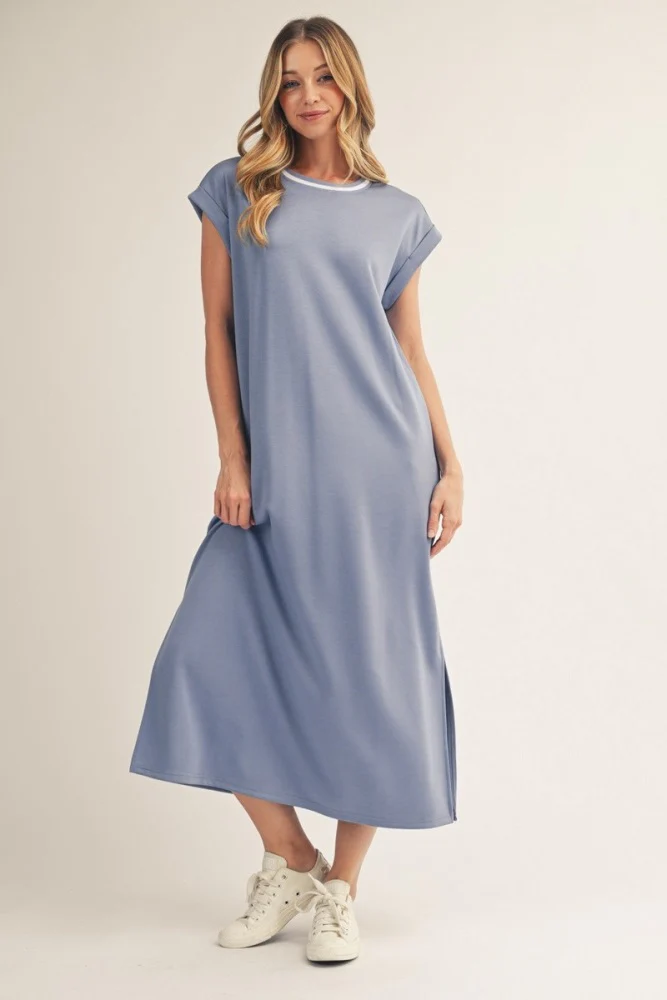 Denim Blue Side Slit Maternity Midi Dress - Image 5