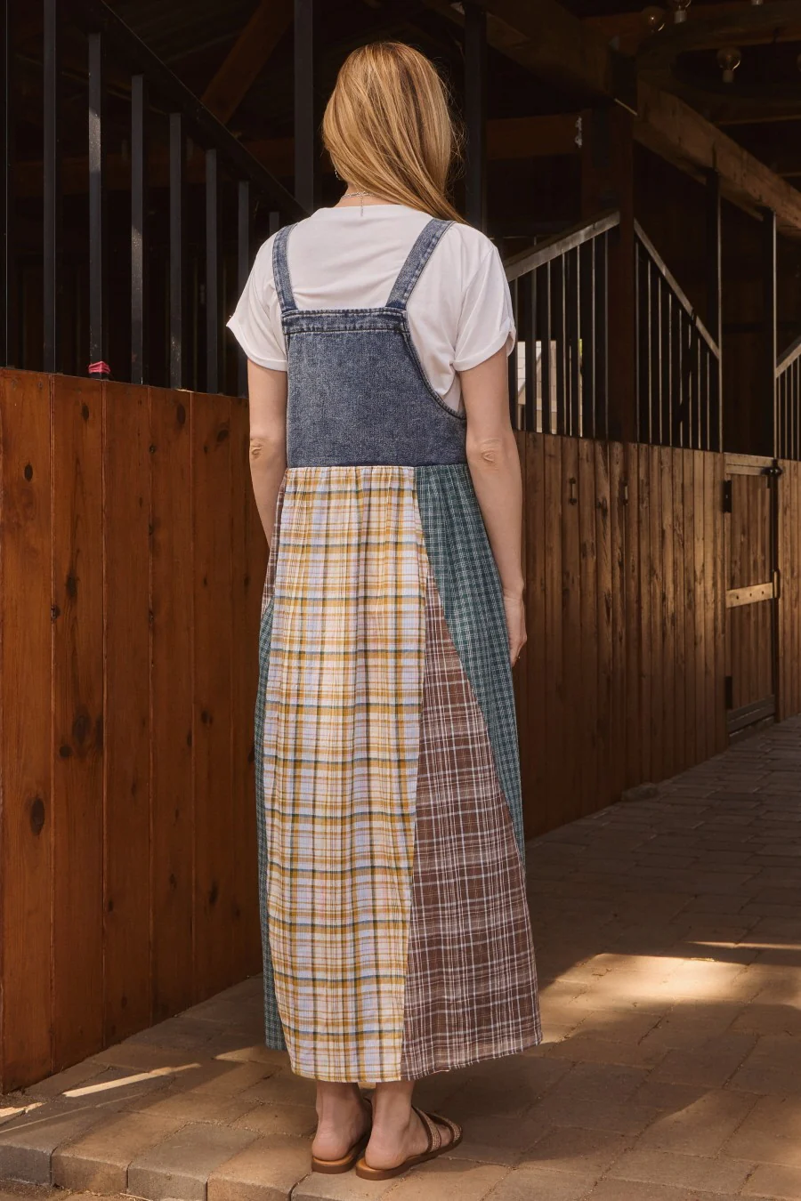 Denim Plaid Colorblock Overall Dress - Image 3
