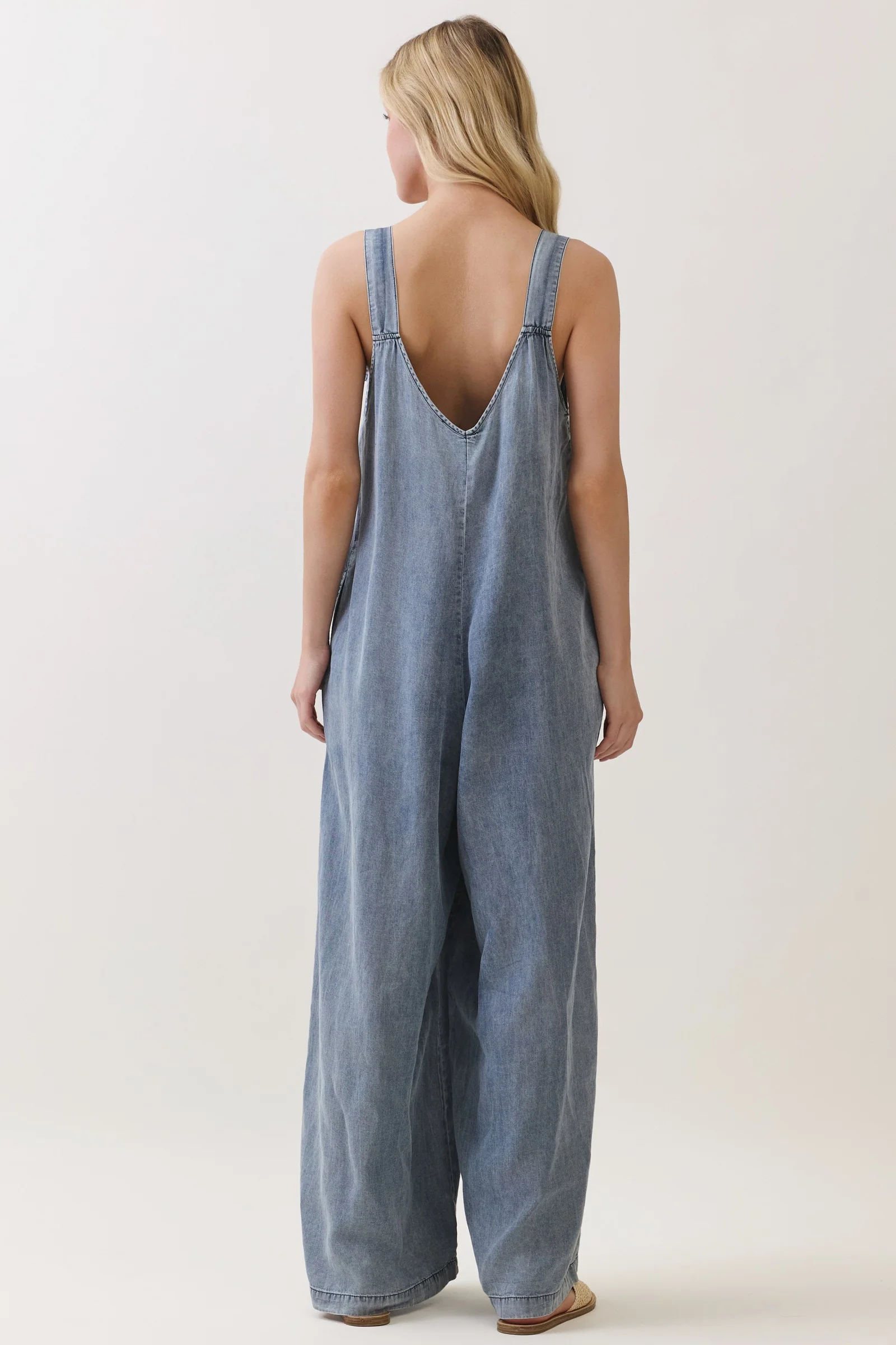 Denim V-Neck Tie Wide Leg Jumpsuit - Image 4