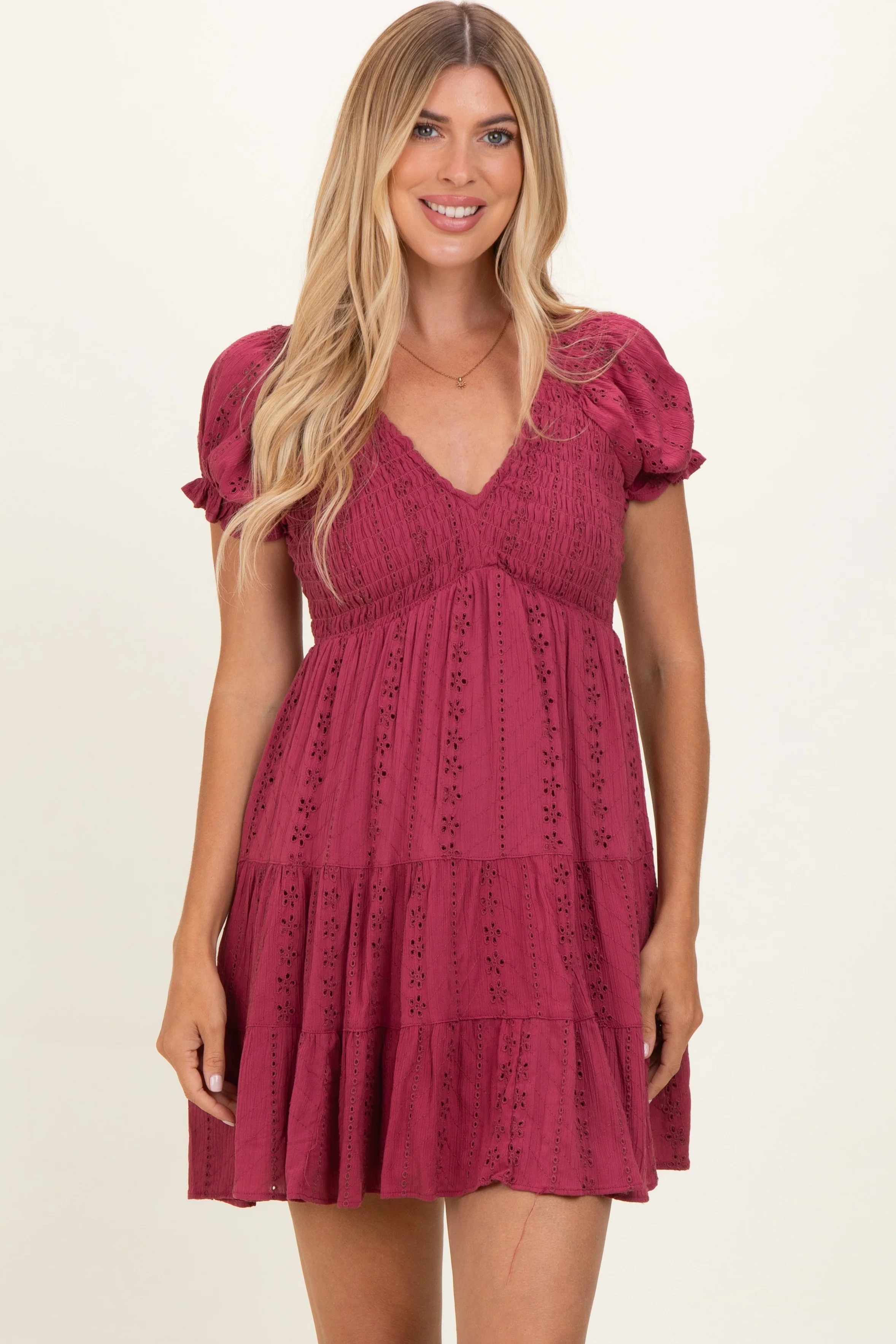 Dried Rose Smocked Eyelet Lace Mini Dress
