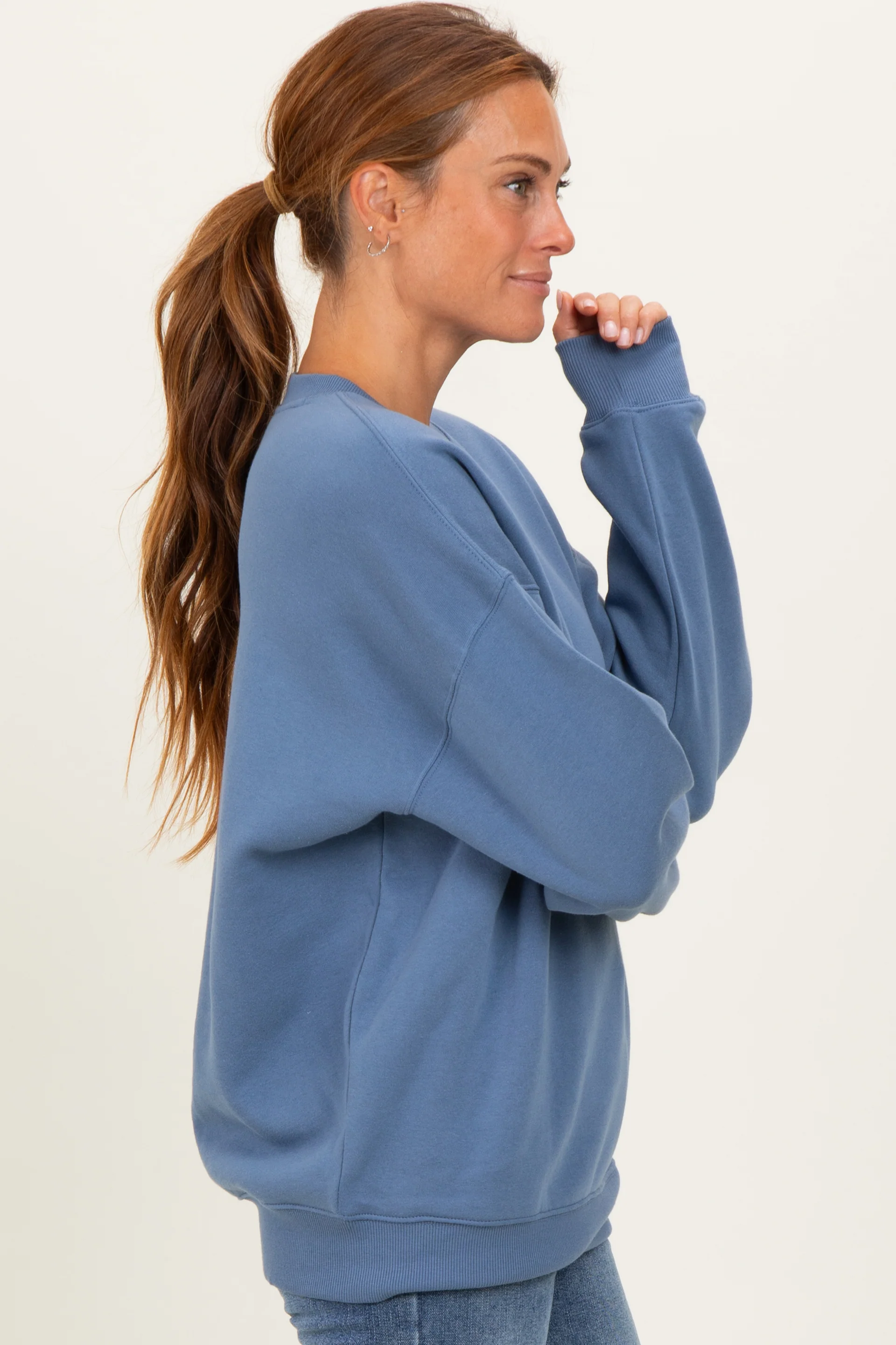 Dusty Blue  Fleece Crew Neck Relaxed Fit Sweatshirt - Image 3