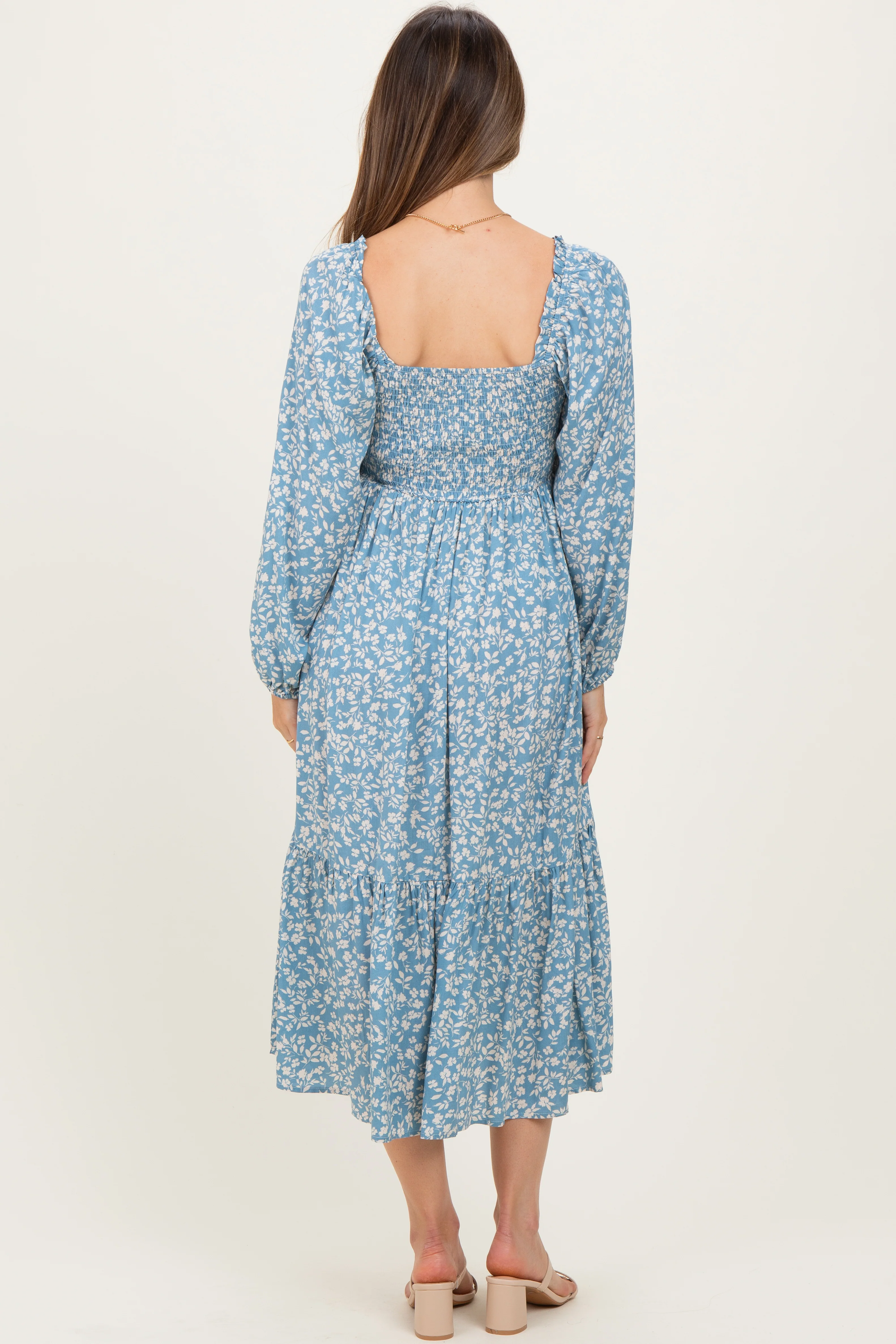 Dusty Blue Floral Square Neck Maternity Maxi Dress - Image 3