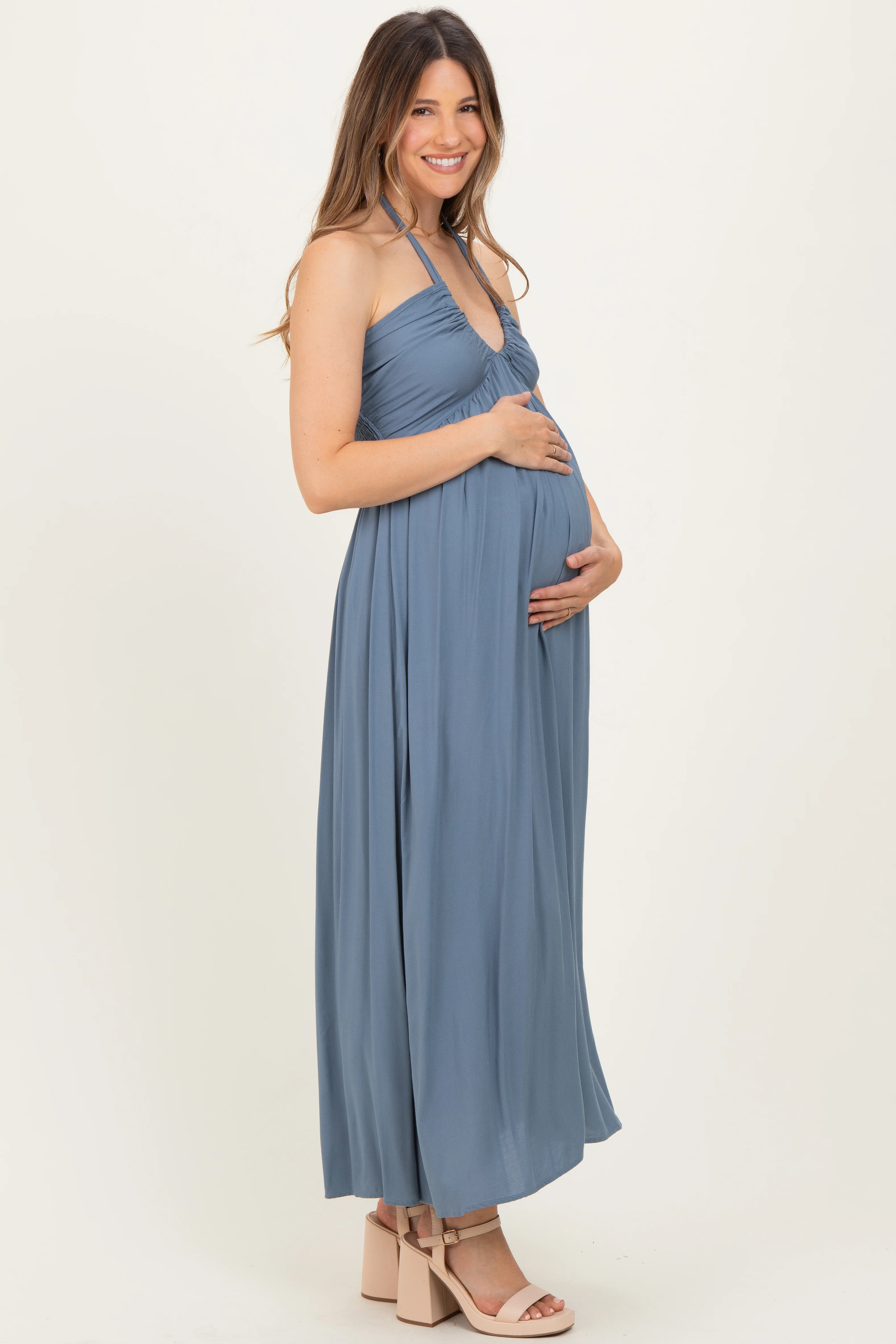 Dusty Blue Halter Neck Side Slit Maternity Midi Dress - Image 3