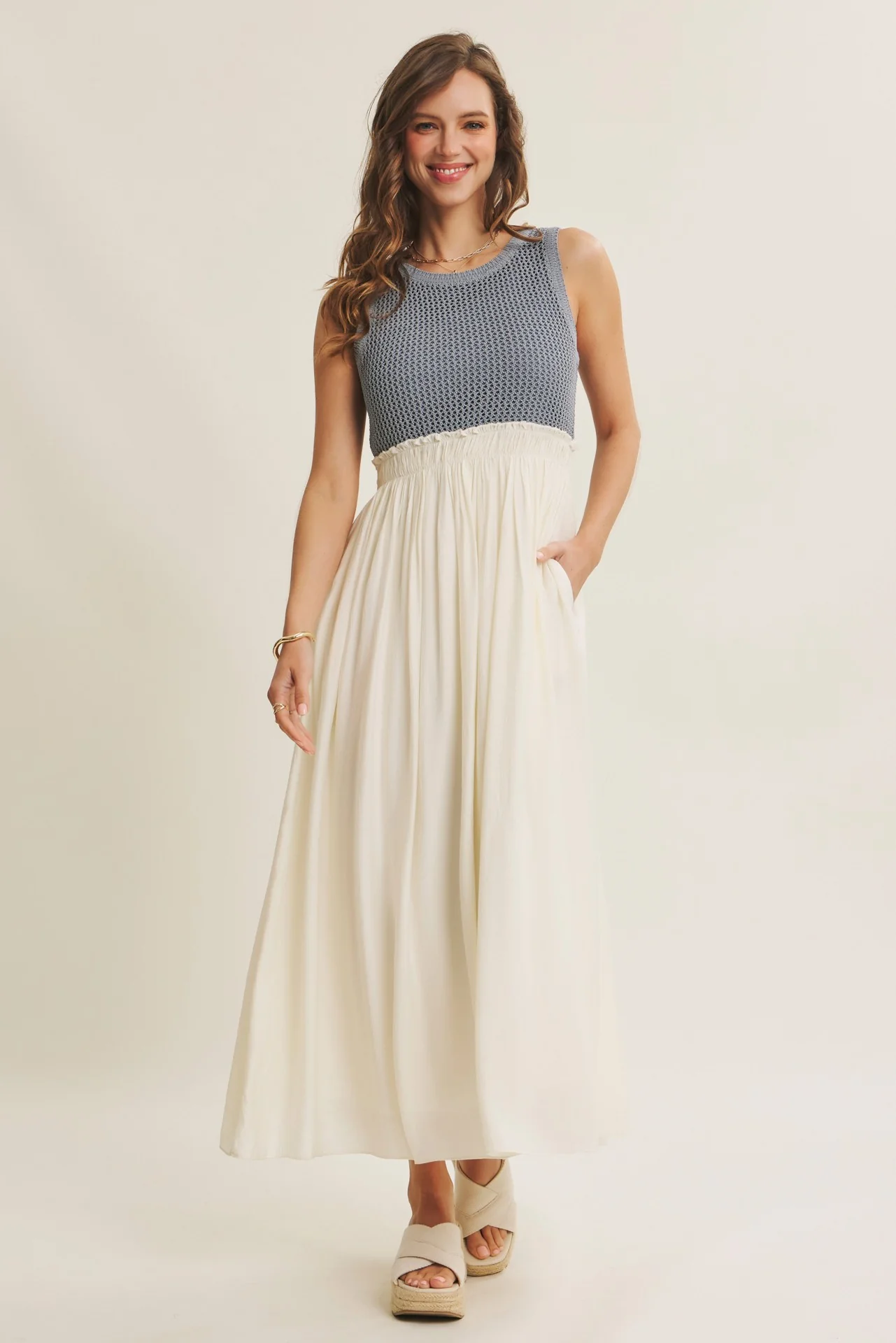 Dusty Blue Knit Bodice Contrast Skirt Maxi Dress - Image 2