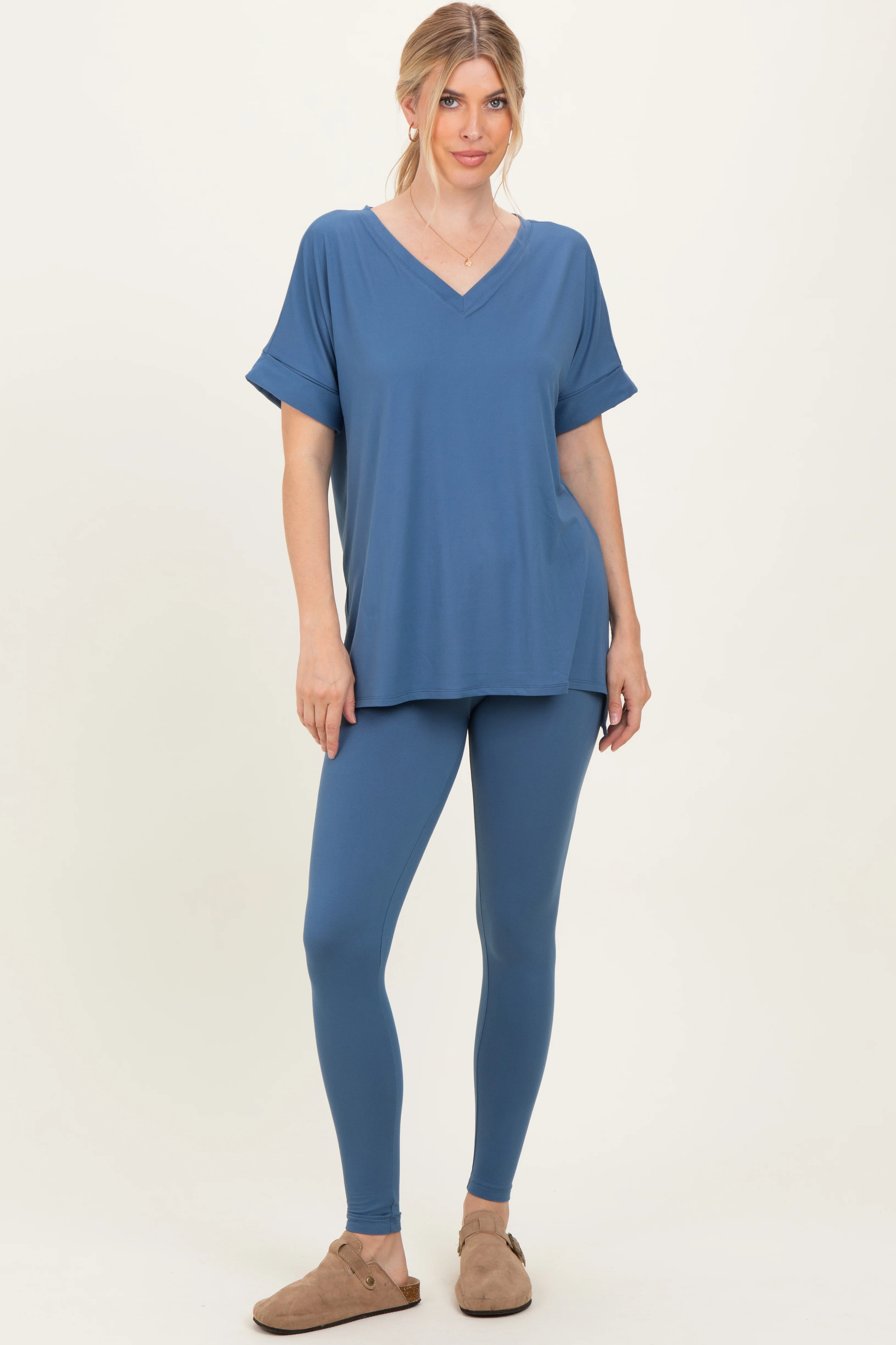 Dusty Blue Oversized V-Neck Tee Legging Maternity Lounge Set - Image 4