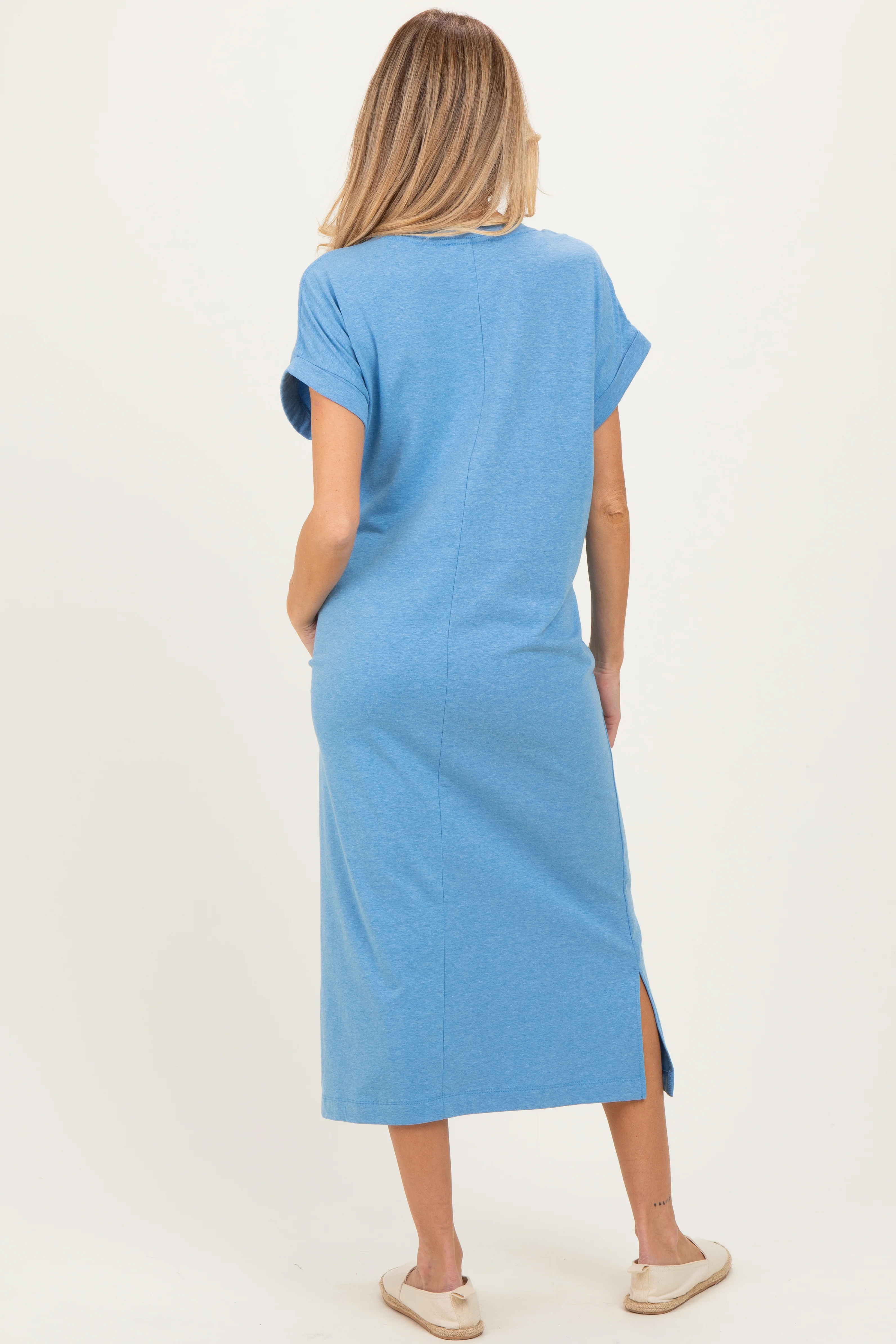 Dusty Blue Pocket Front Maternity Midi T-Shirt Dress - Image 4