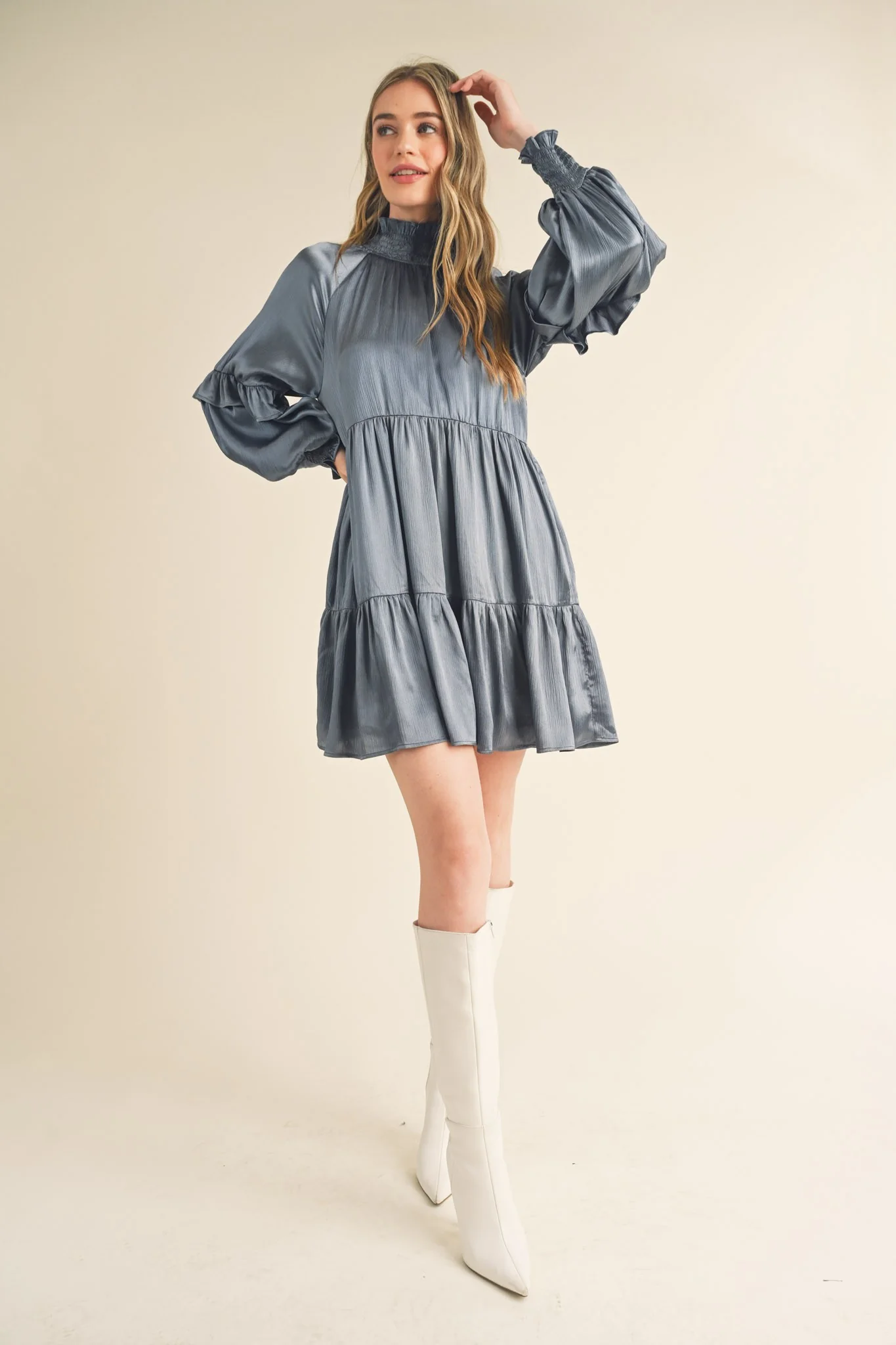 Dusty Denim Blue Mock Neck Tiered Mini Dress - Image 5